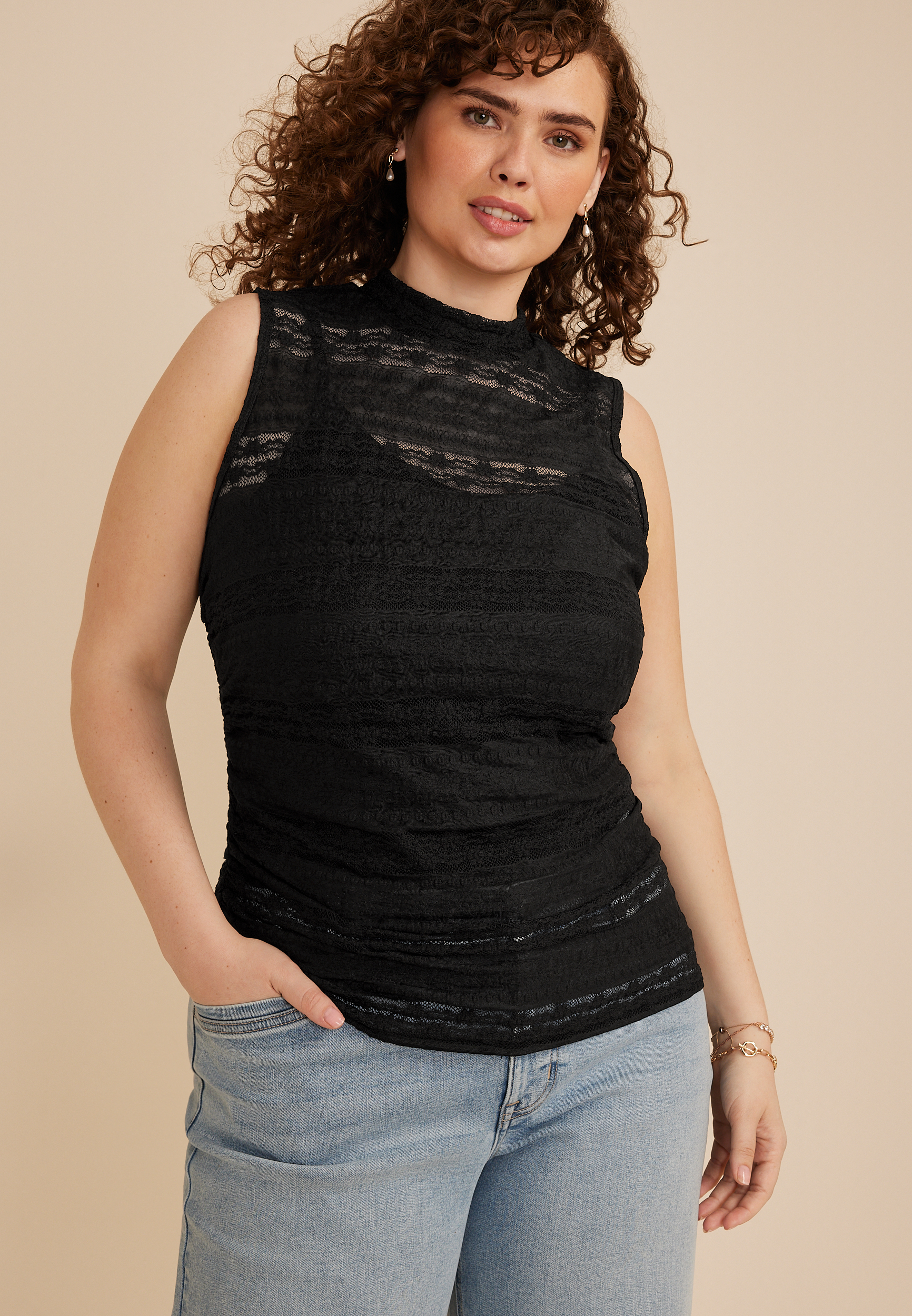 Plus Size Sheer Lace Mock Neck Tank Top