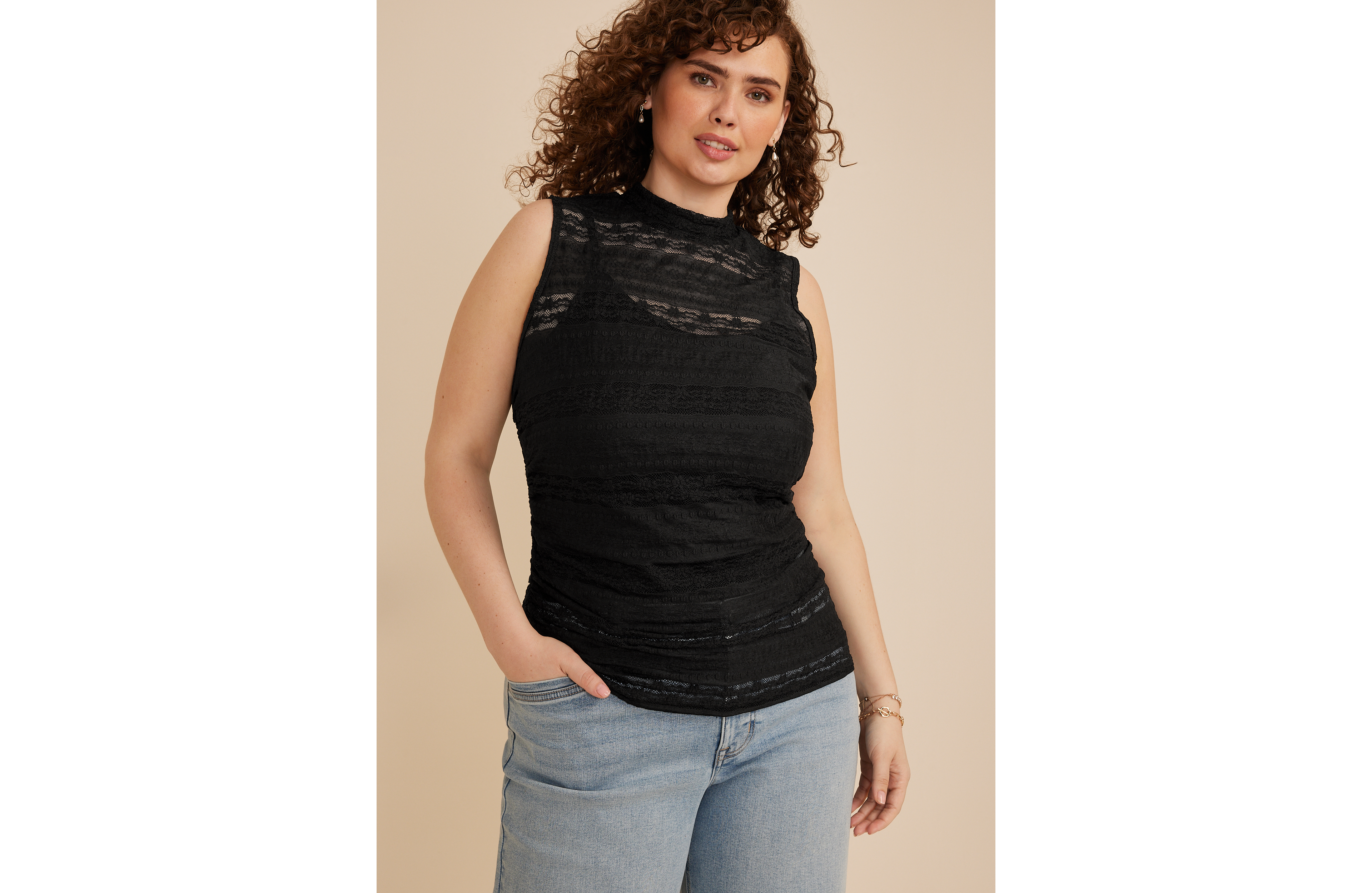 Plus Sheer Lace Mock Neck Tank Top