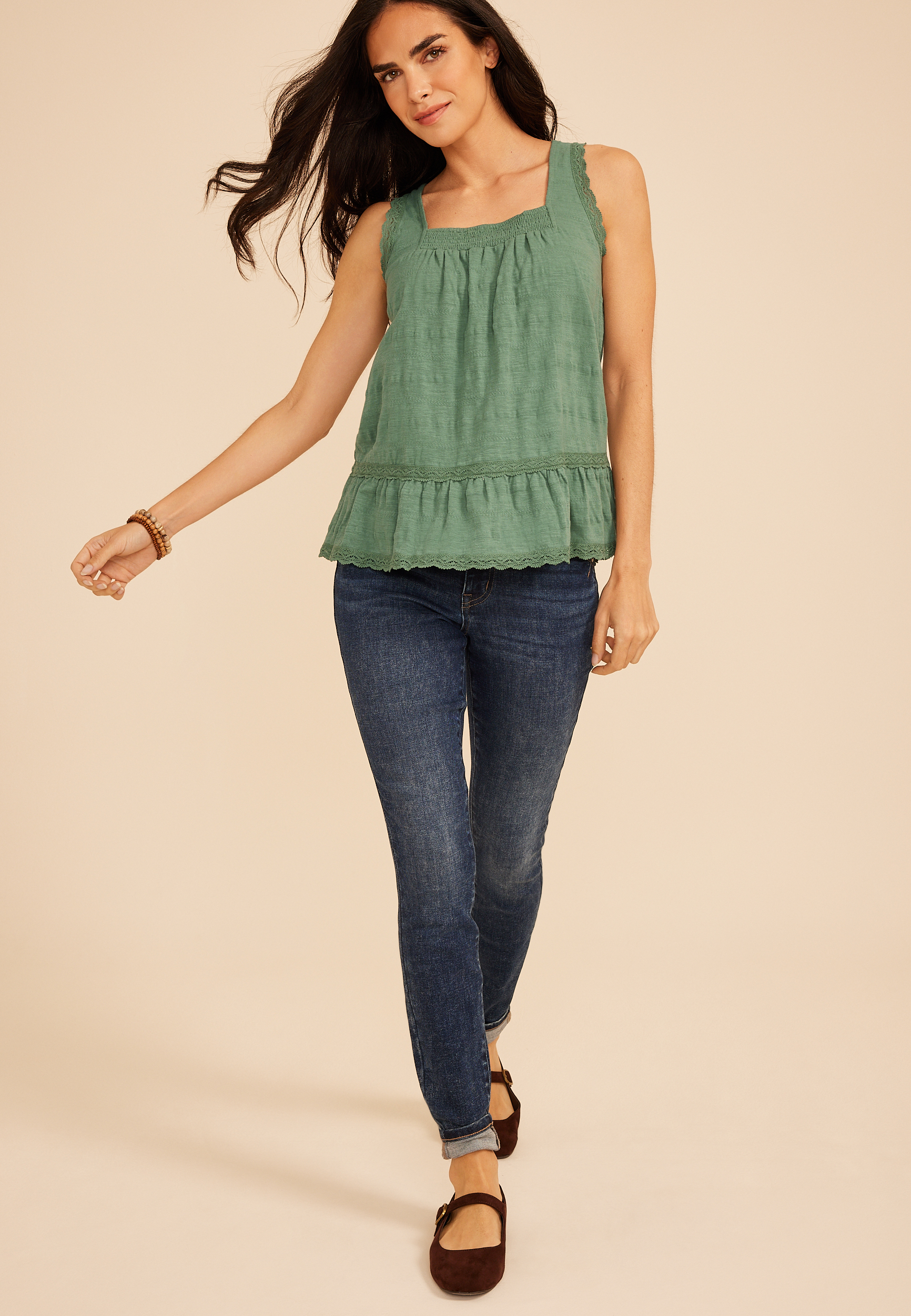 Textured Lace Trim Swing Tank Top