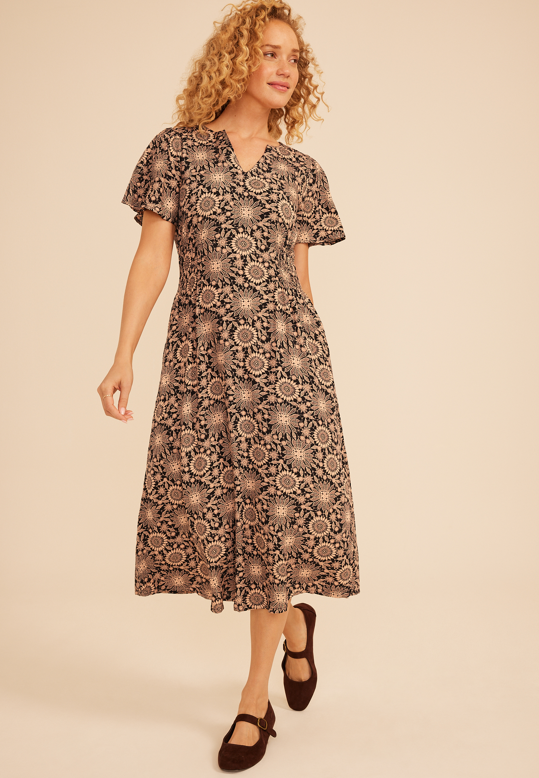Faux Lace Floral Flutter Sleeve Midi Dres