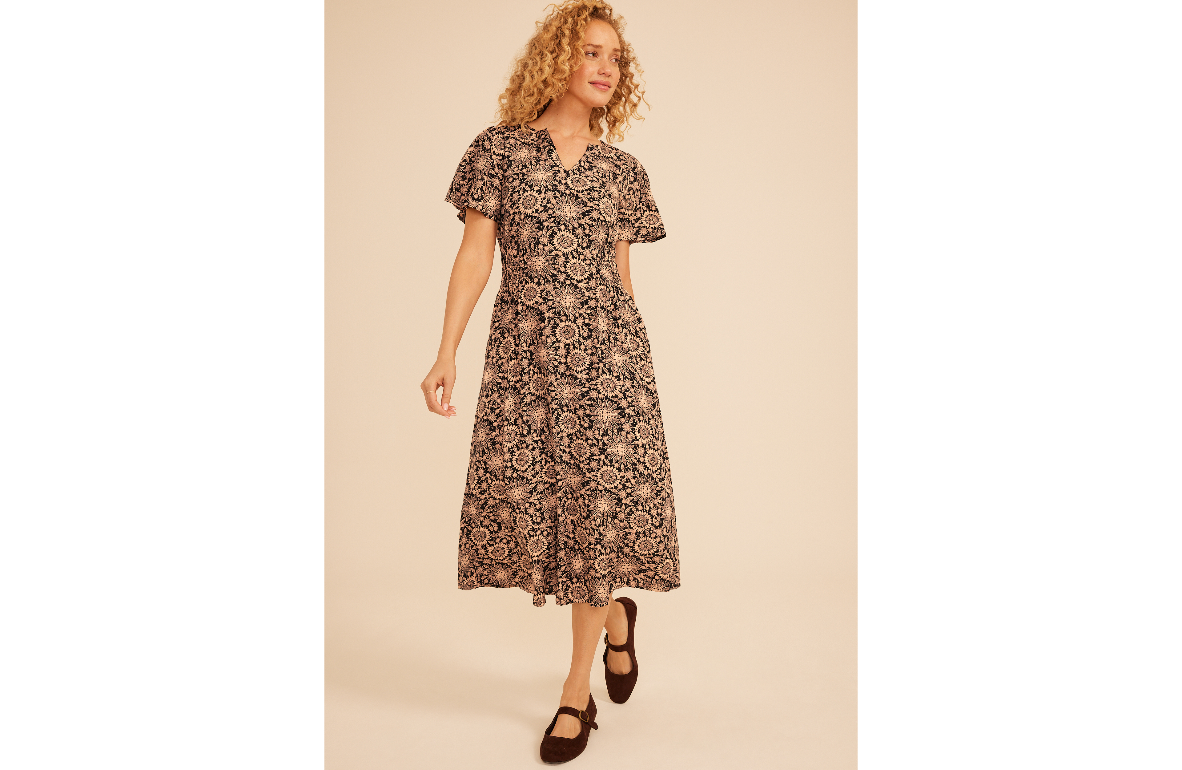 Faux Lace Floral Flutter Sleeve Midi Dress