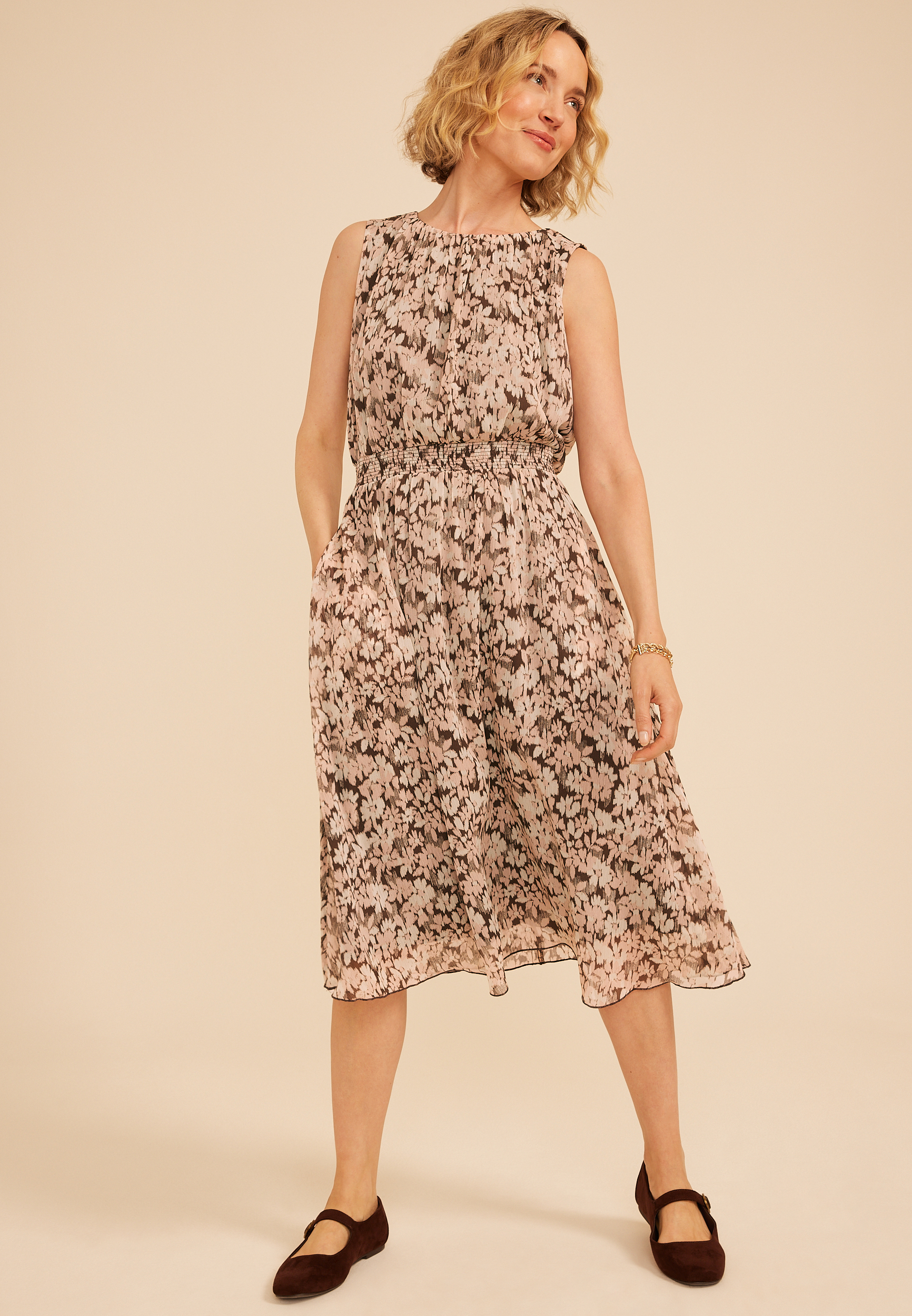 Bare Printed Smocked Waist Midi Dress