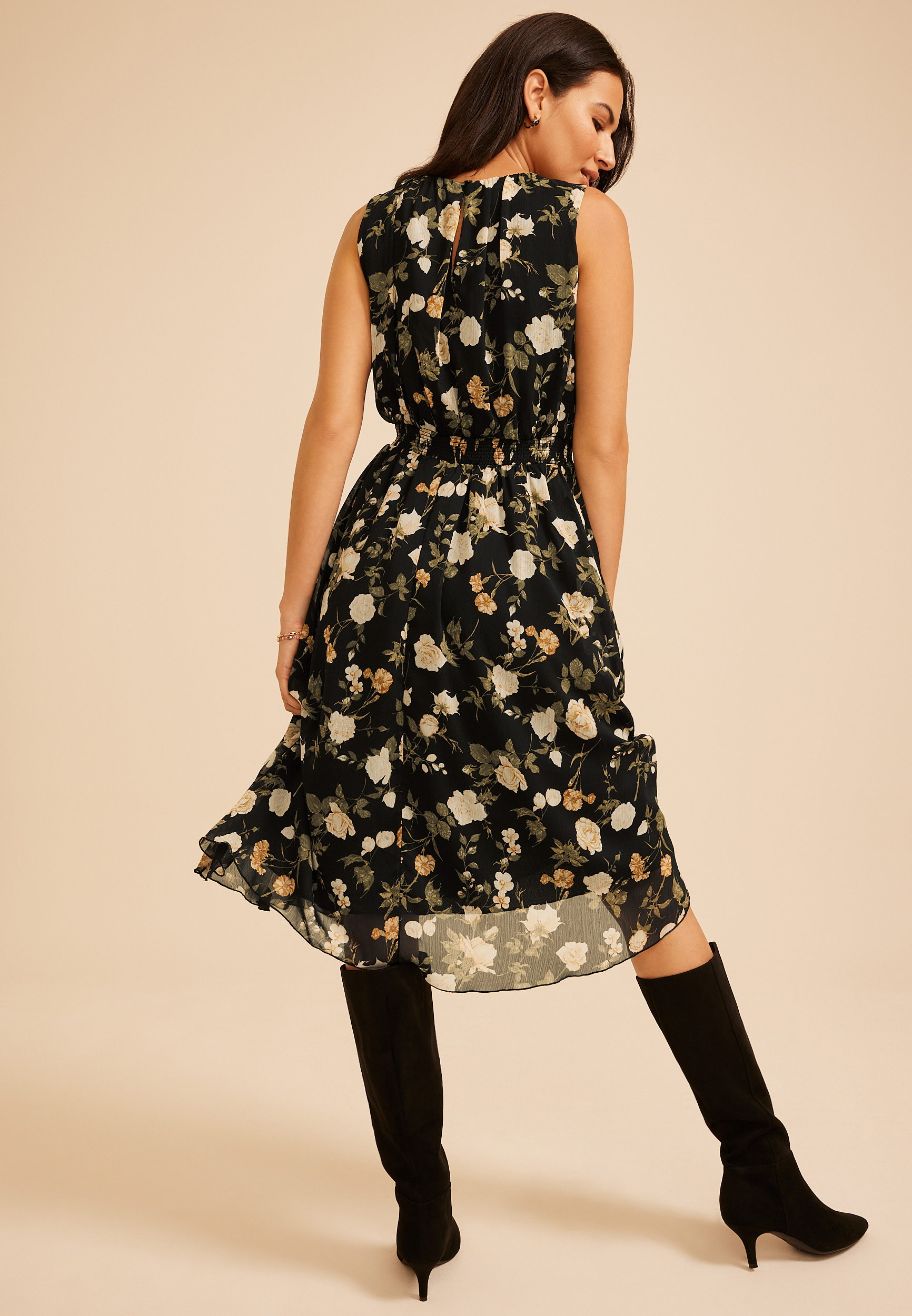 Bare Printed Smocked Waist Midi Dress, C1756, large