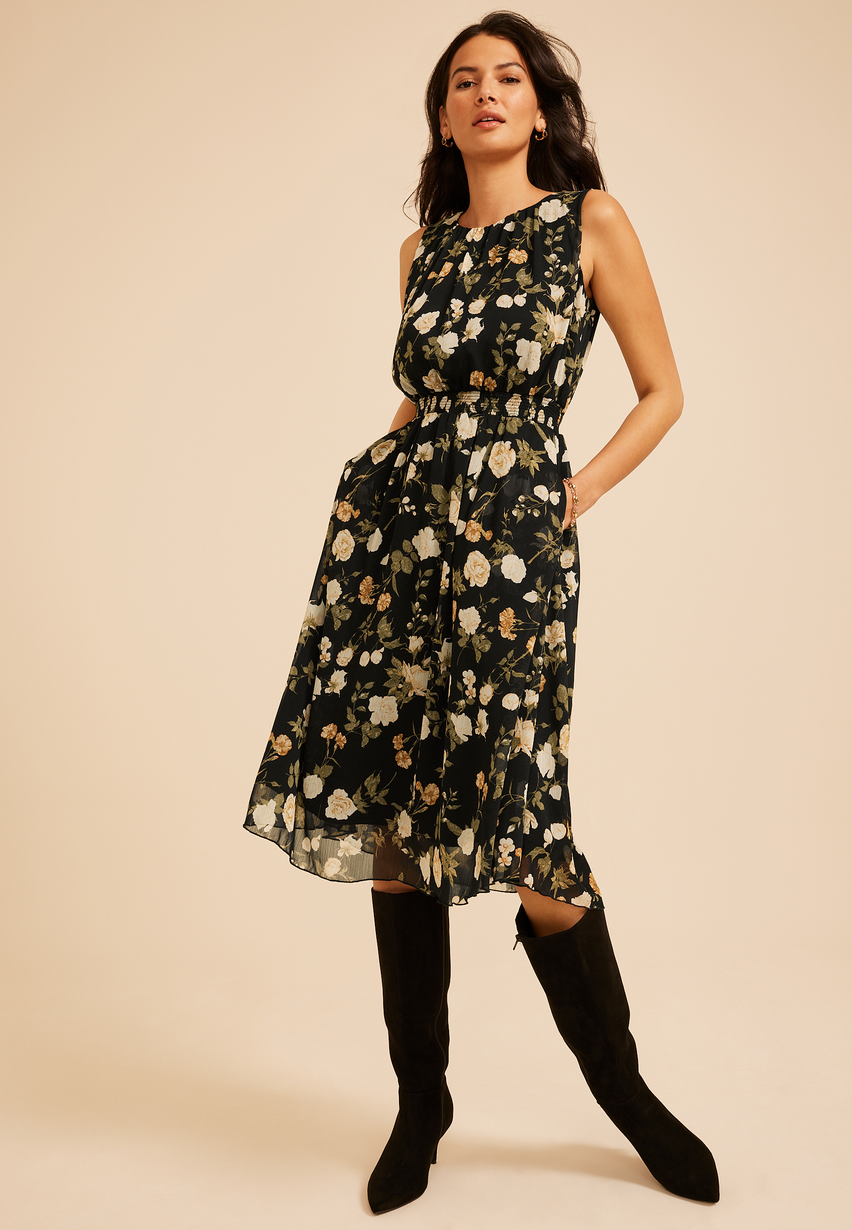 Bare Printed Smocked Waist Midi Dress, C1756, large