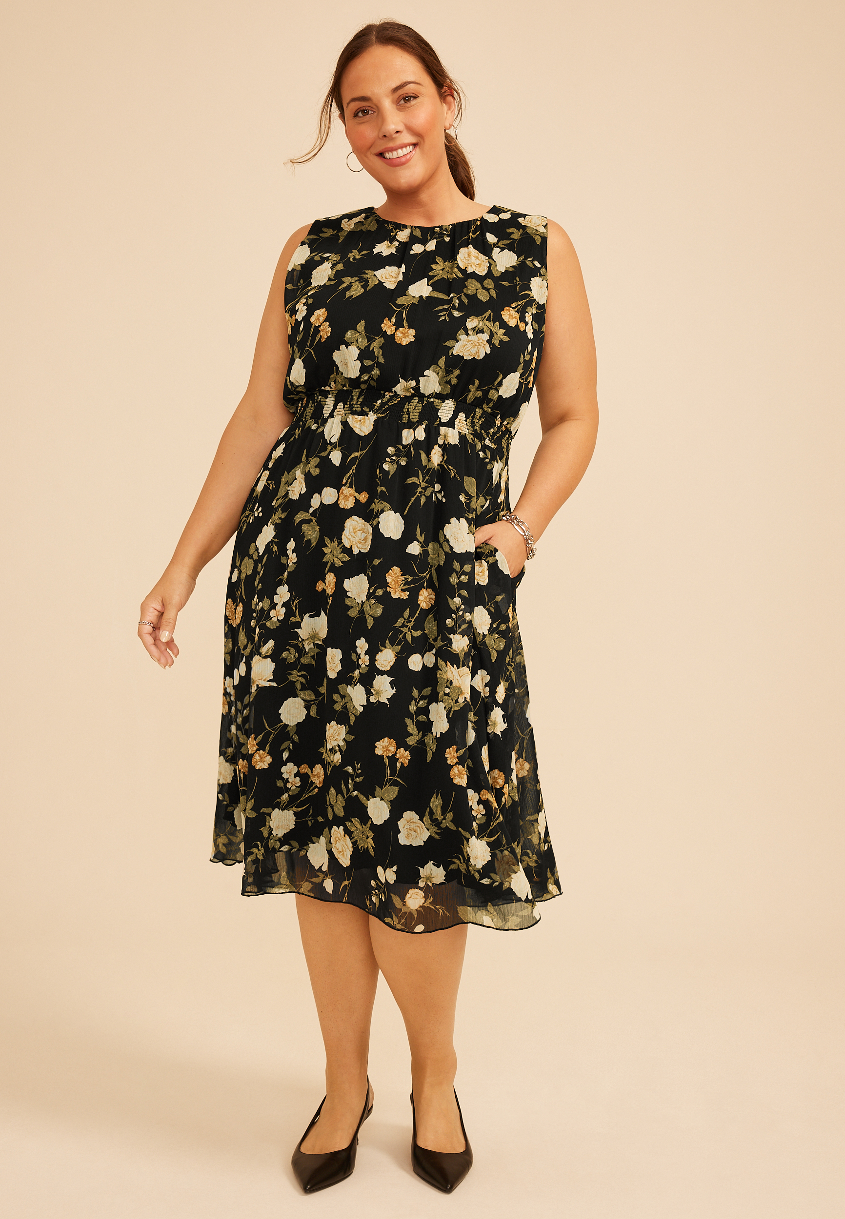 Plus Size Bare Printed Smocked Waist Midi Dress