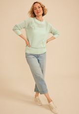 Floral Applique Open Knit Crew Neck Sweater, C9251, small