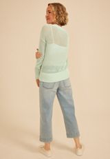Floral Applique Open Knit Crew Neck Sweater, C9251, small