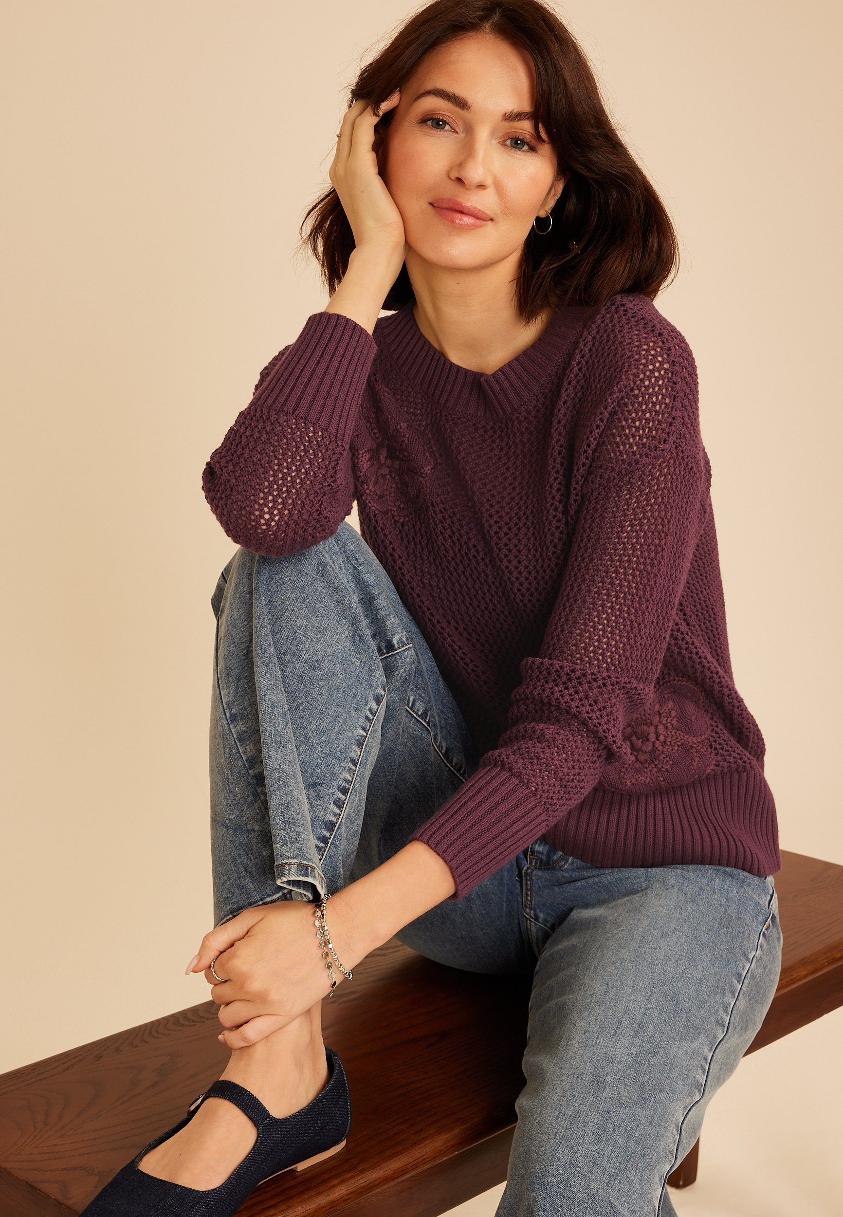 Floral Applique Open Knit Crew Neck Sweater