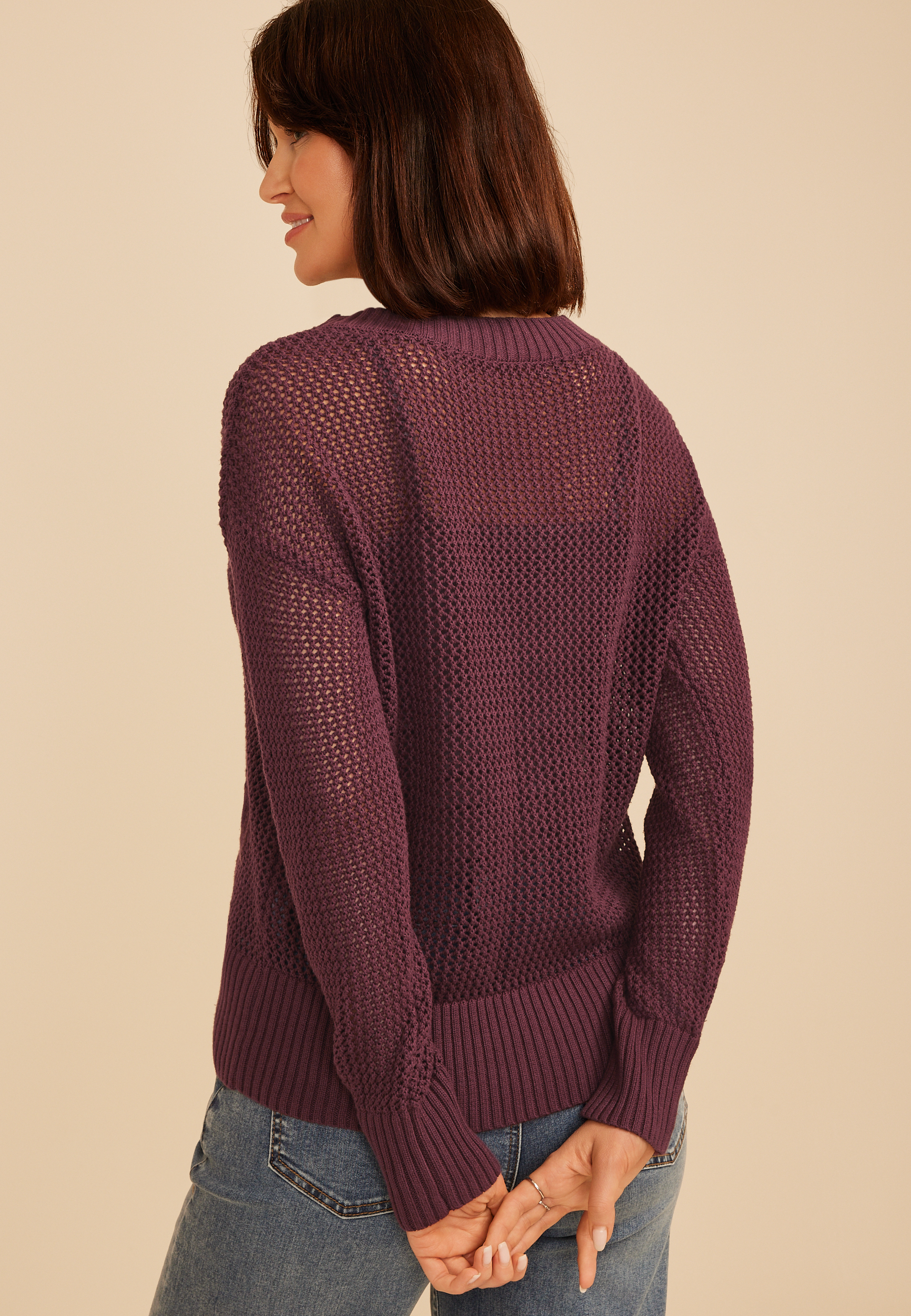 Floral Applique Open Knit Crew Neck Sweater - thumbnail 5