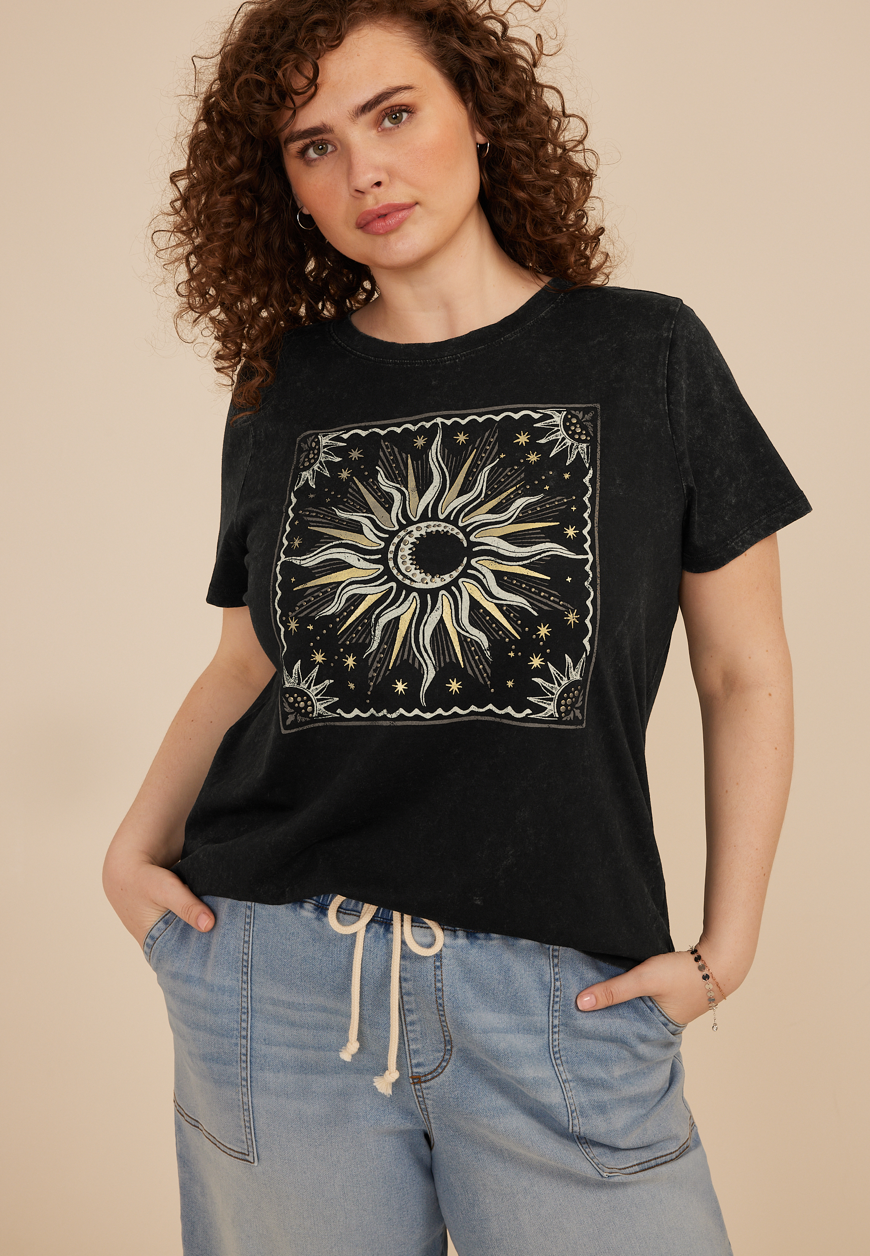Plus Size Sun Celestial Studded Classic Fit Graphic Tee, C106, large