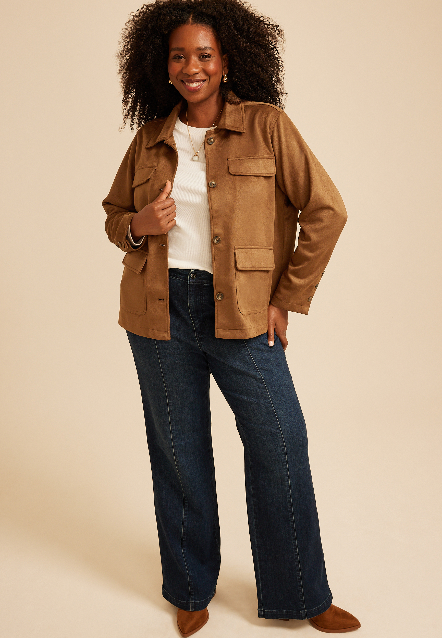 Plus Size Faux Suede Pocket Blazer