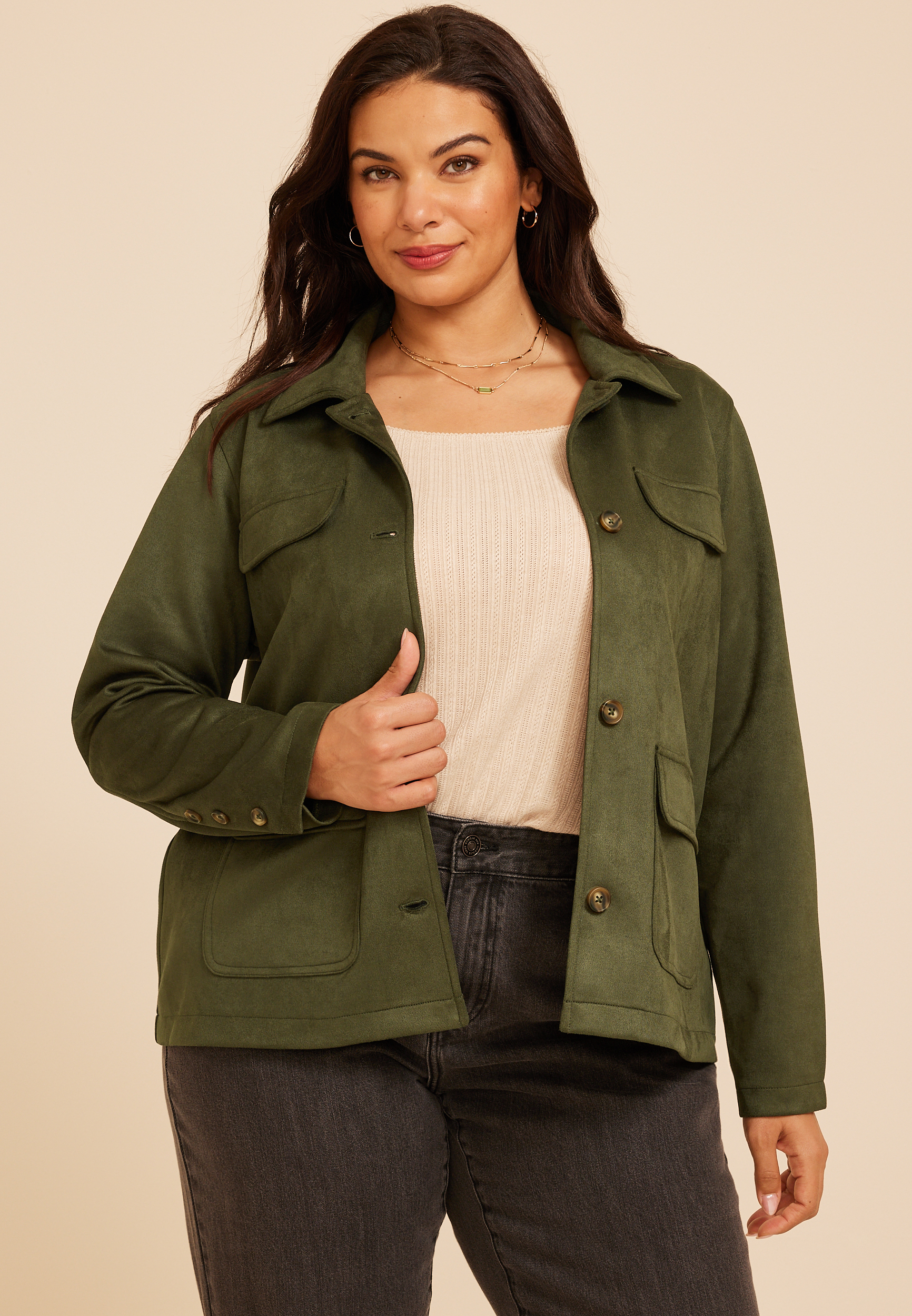 Plus Size Faux Suede Pocket Jacket
