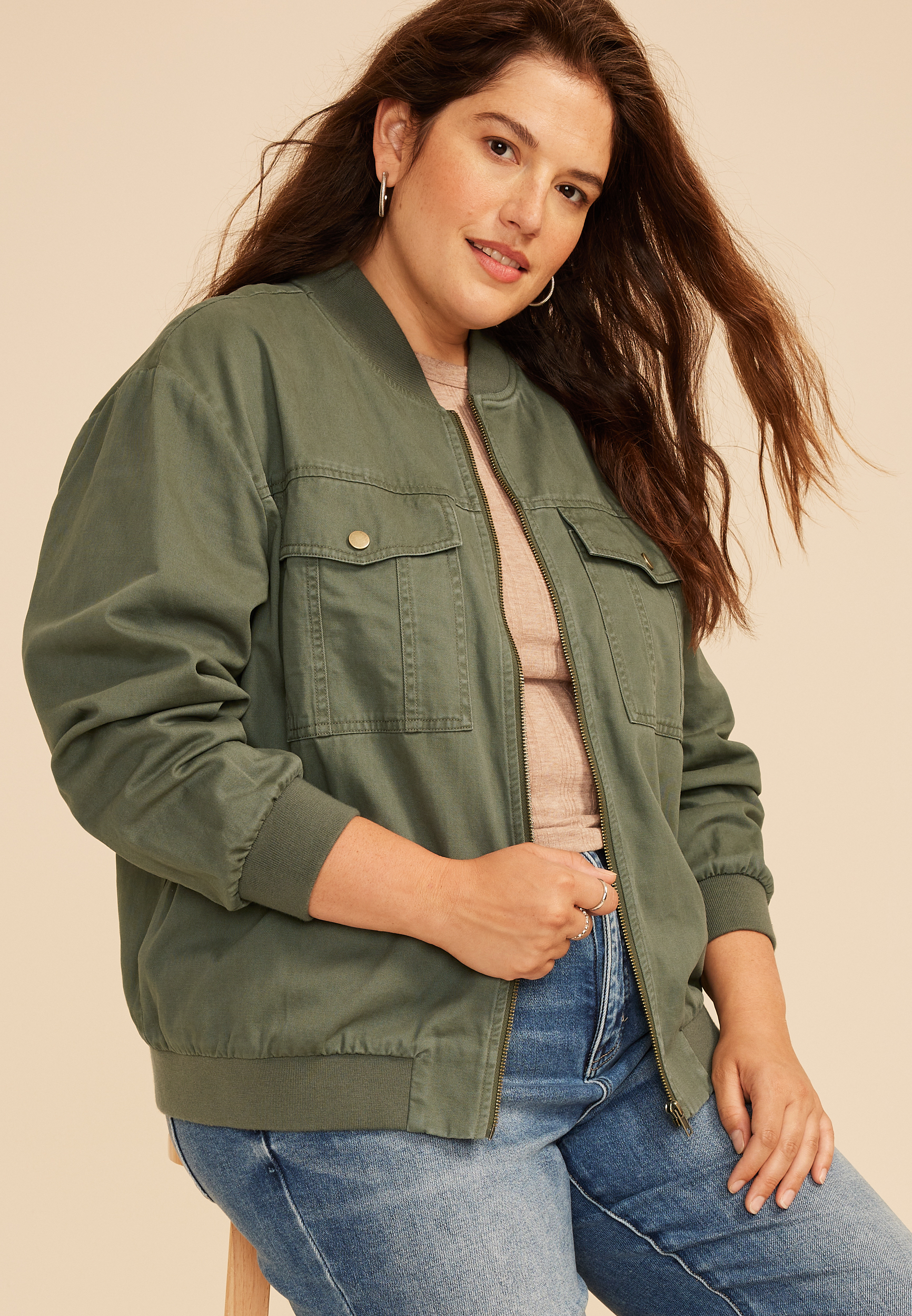 Plus Size Twill Bomber Jacket