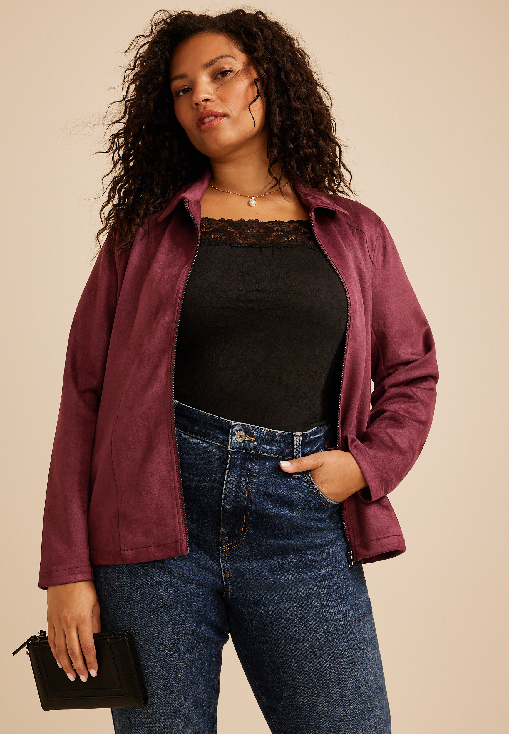 Plus Size Faux Suede Biker Jacket