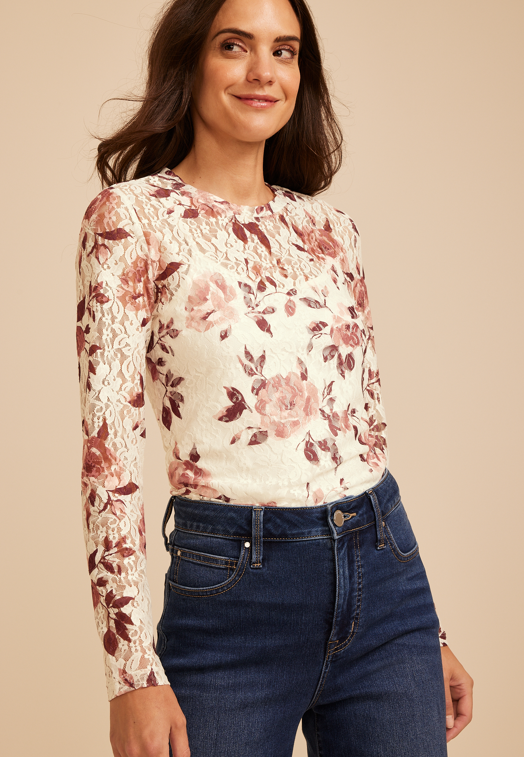 Floral Printed Lace Long Sleeve Top