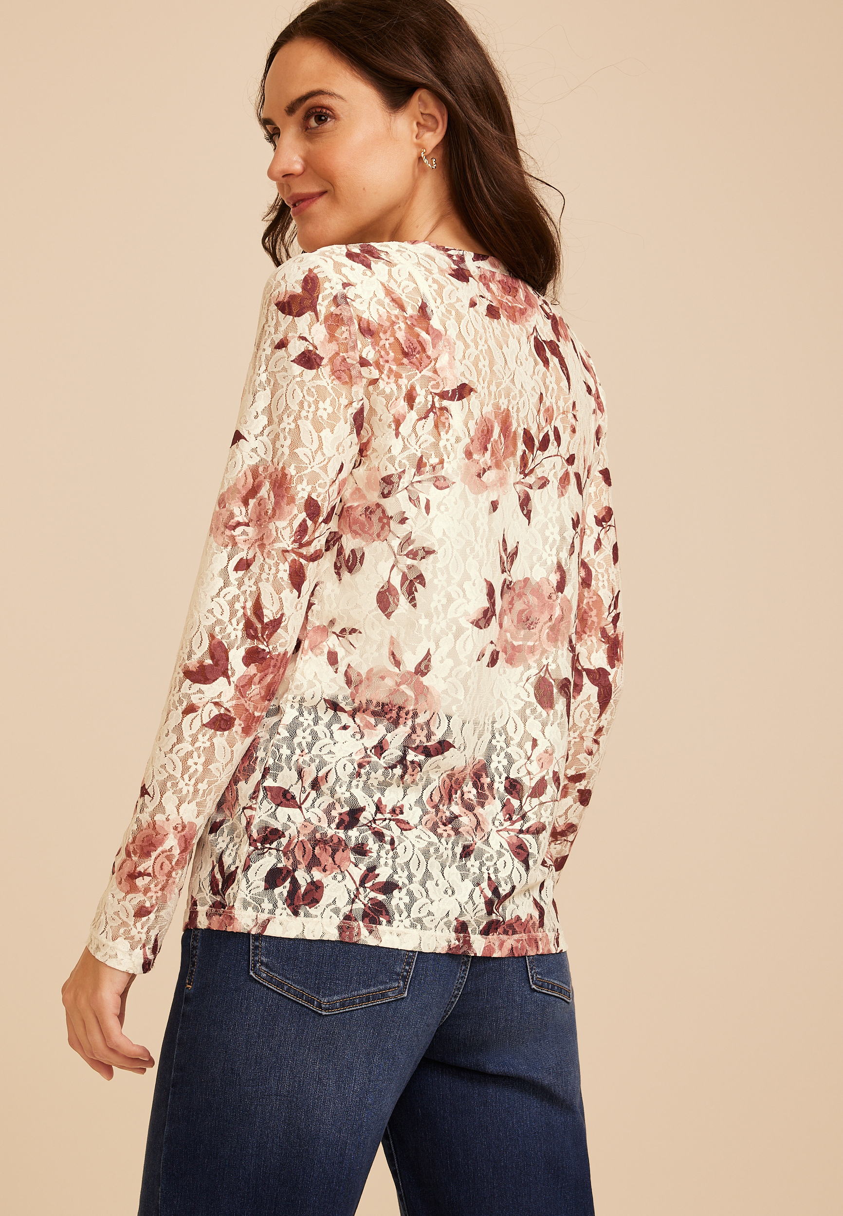 Floral Printed Lace Long Sleeve Top, C5487, large