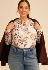 Plus Size Floral Printed Lace Long Sleeve Top, C5487, small