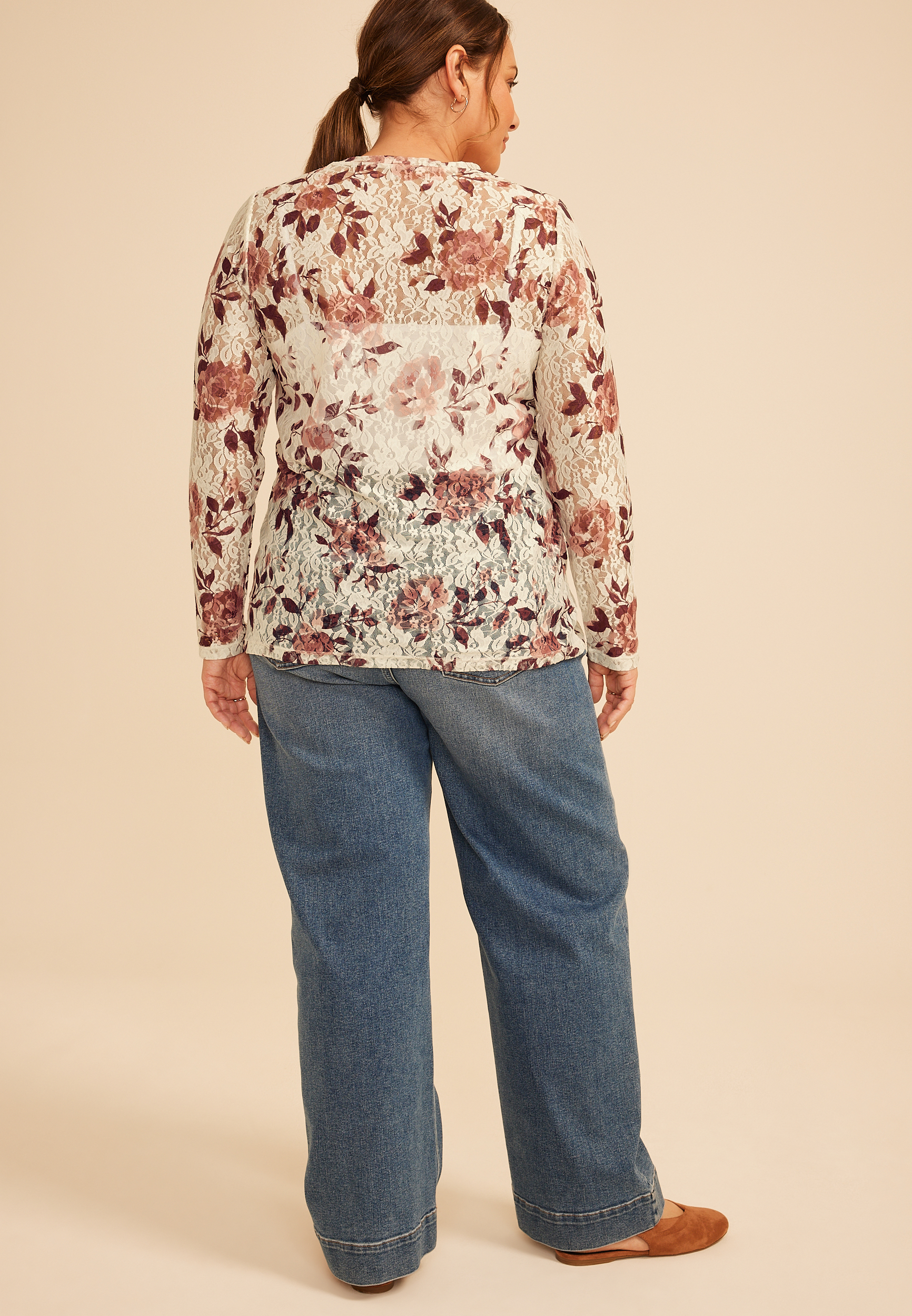 Plus Size Floral Printed Lace Long Sleeve Top, C5487, large