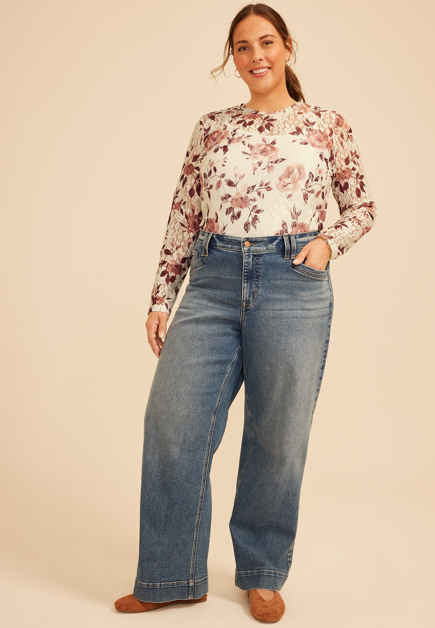 Plus Size Floral Printed Lace Long Sleeve Top, C5487, large