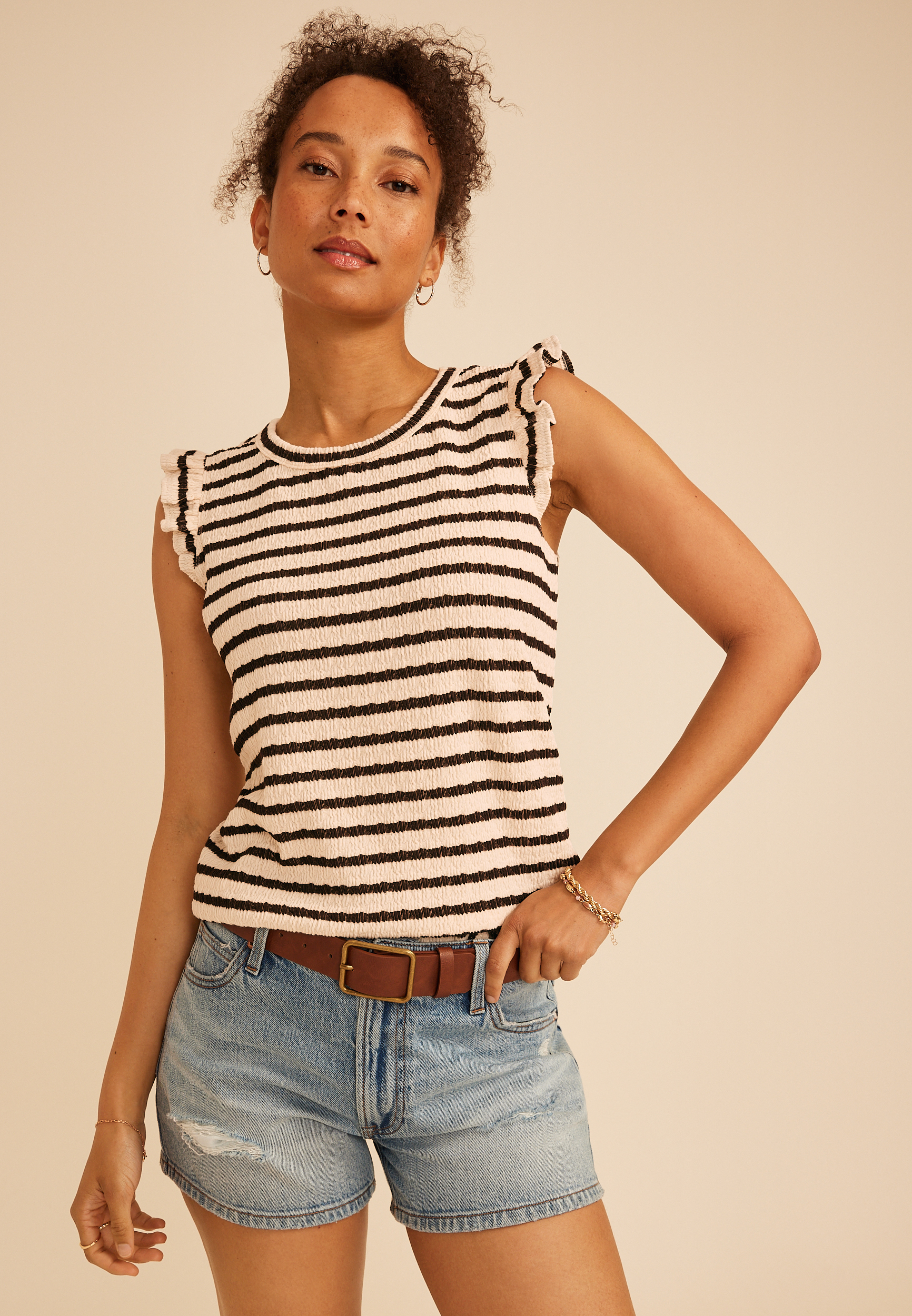 Striped Jacquard Flutter Sleeve Tee, C1537, large