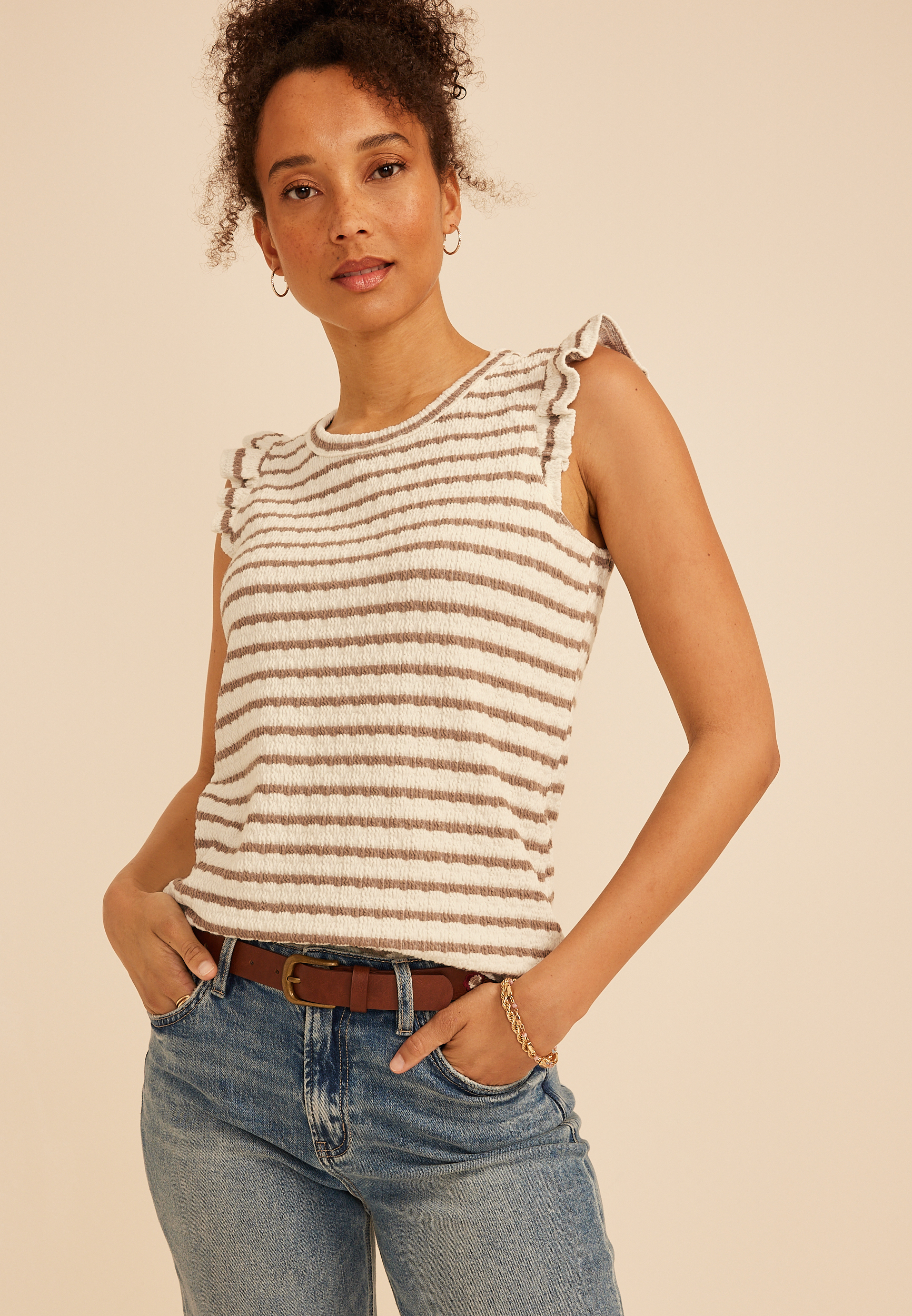 Striped Jacquard Flutter Sleeve Tee