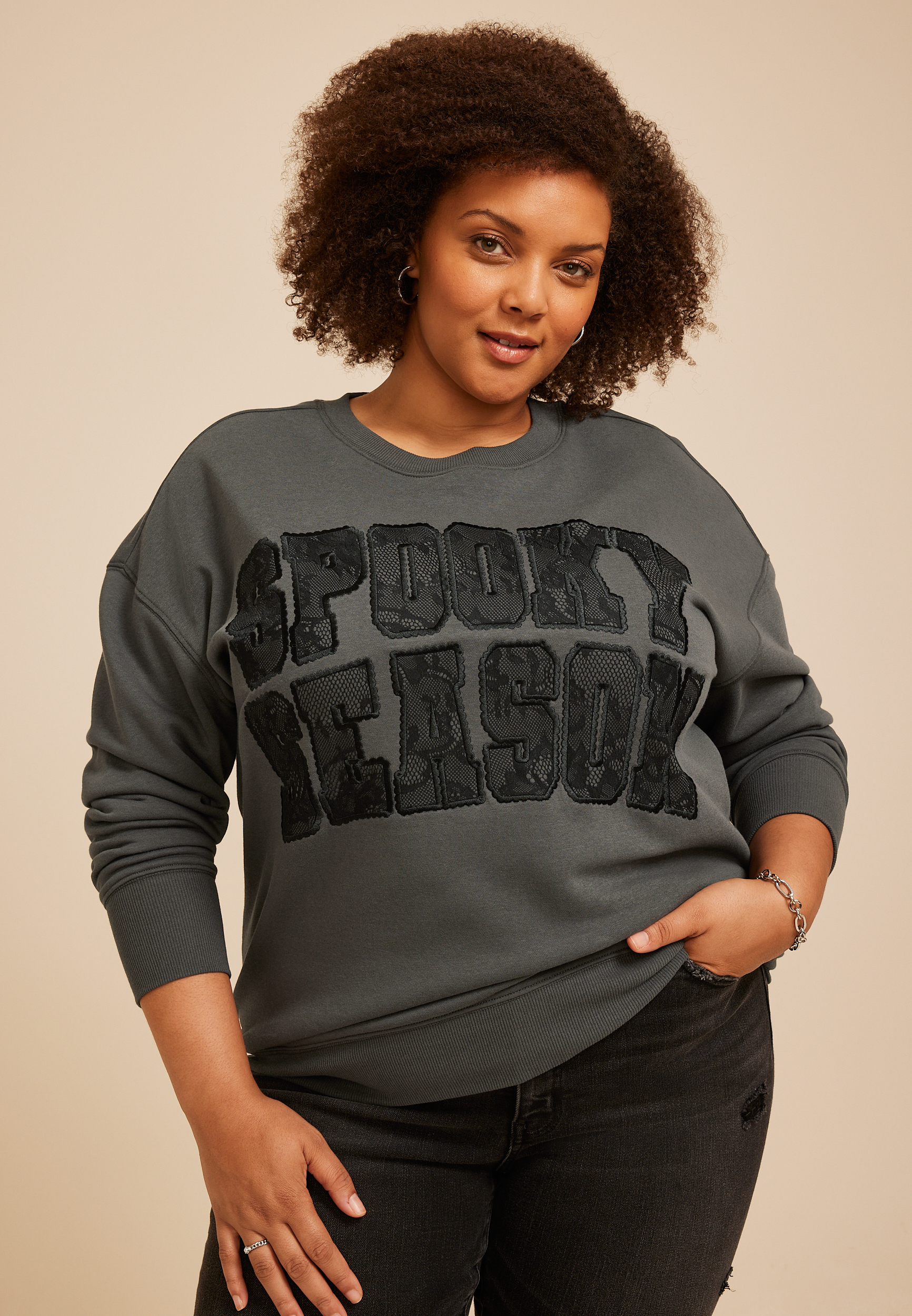 Plus Size Spooky Season Lace Sweatshirt, C4033, large
