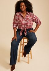 Plus Size Cabin Plaid Button Down Shirt, C5729, small