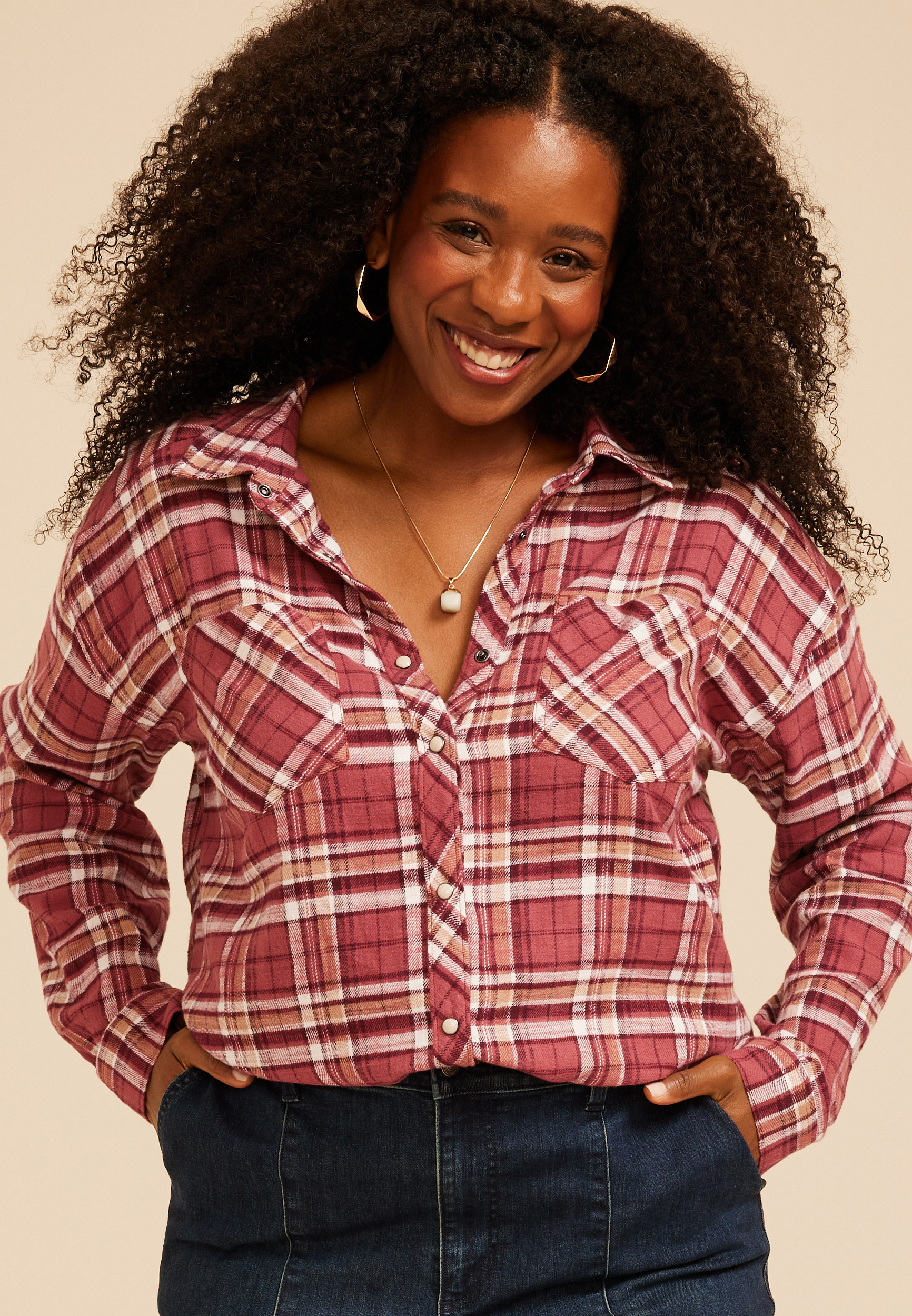 Plus Size Cabin Plaid Button Down Shirt, C5729, large
