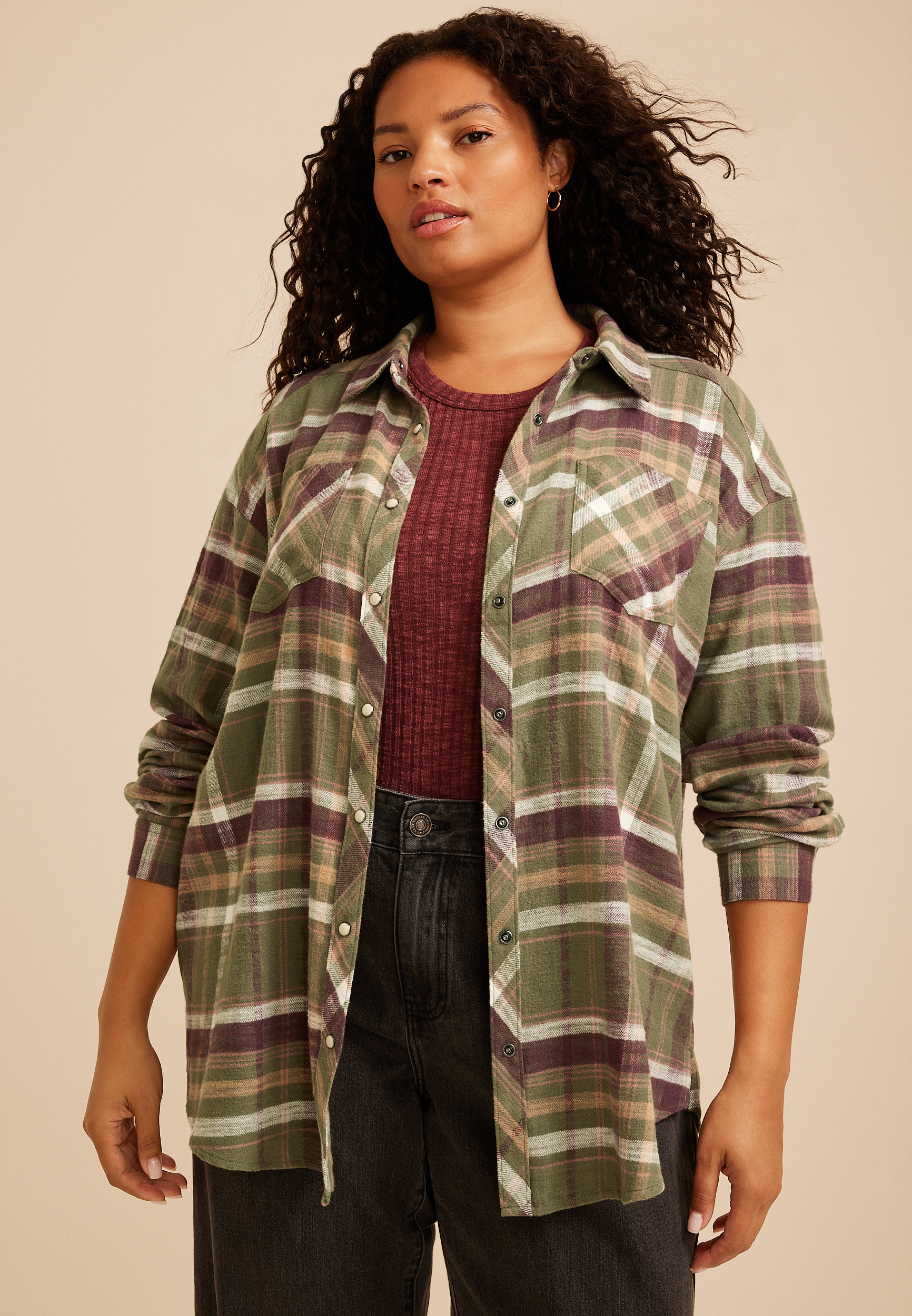 Plus Size Cabin Plaid Button Down Shirt, C1829, large