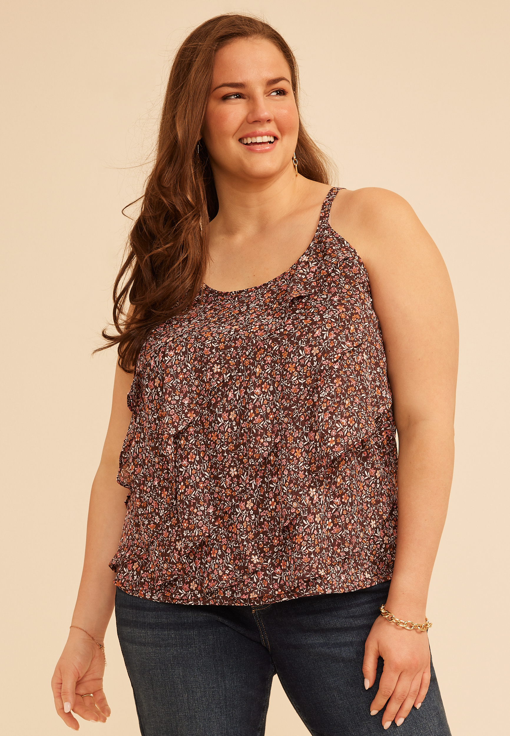 Plus Size Ditsy Floral Asymmetrical Layered Tank Top