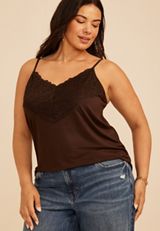 Plus Size Studio Y Lace Trim V Neck Cami, COFFEE BEAN, small