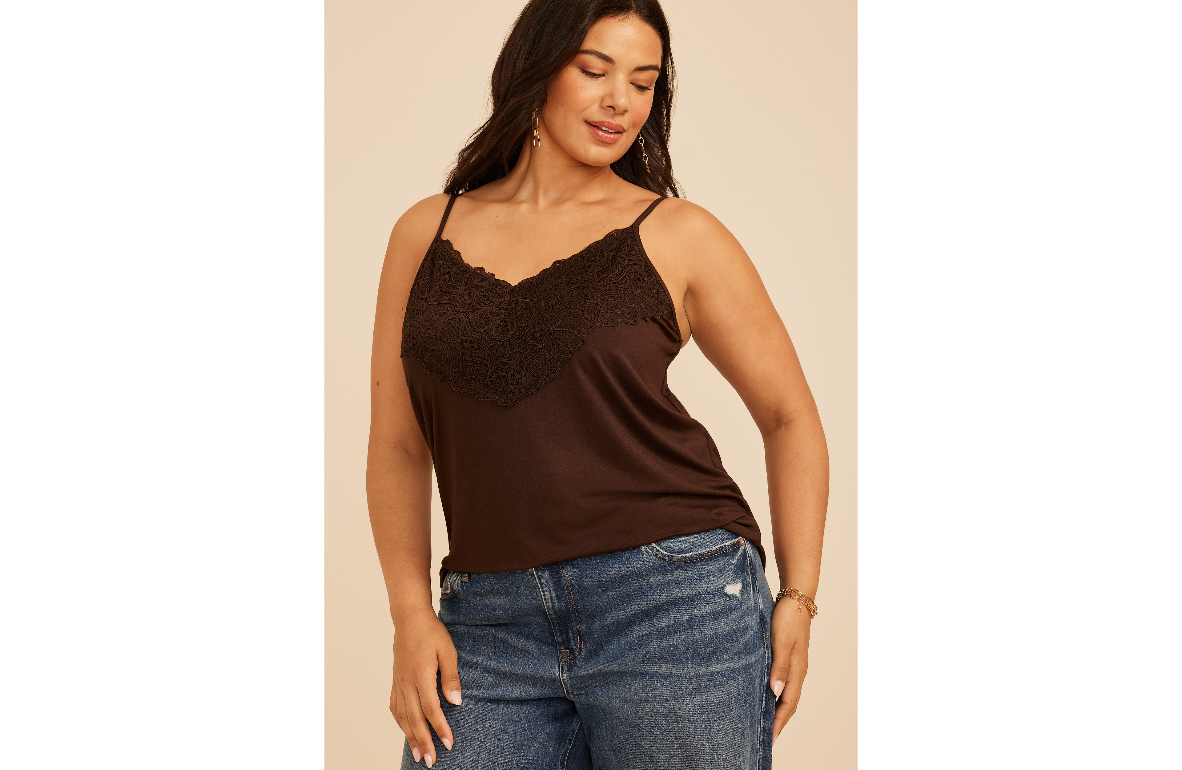 Plus Studio Y Lace Trim V Neck Cami