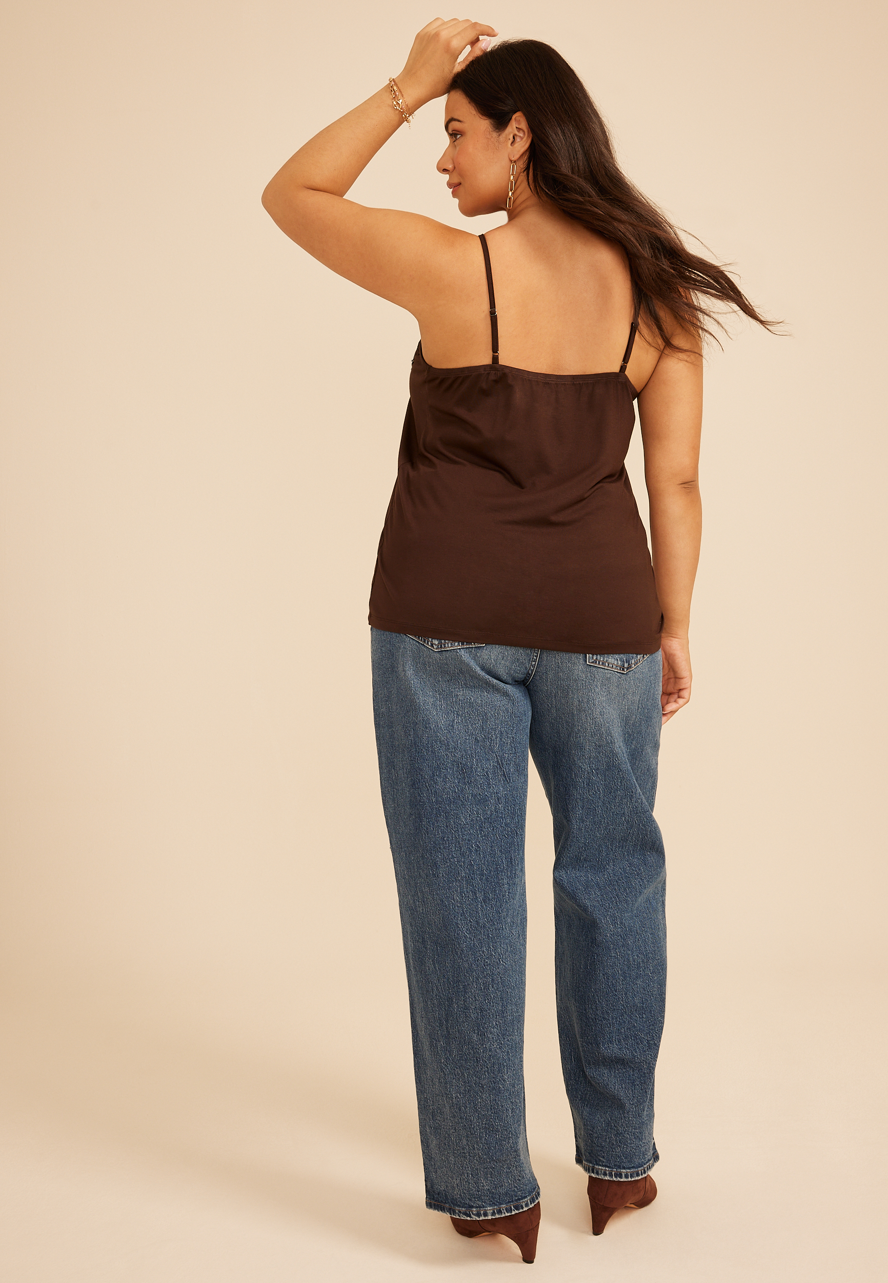 Plus Size Studio Y Lace Trim V Neck Cami, COFFEE BEAN, large