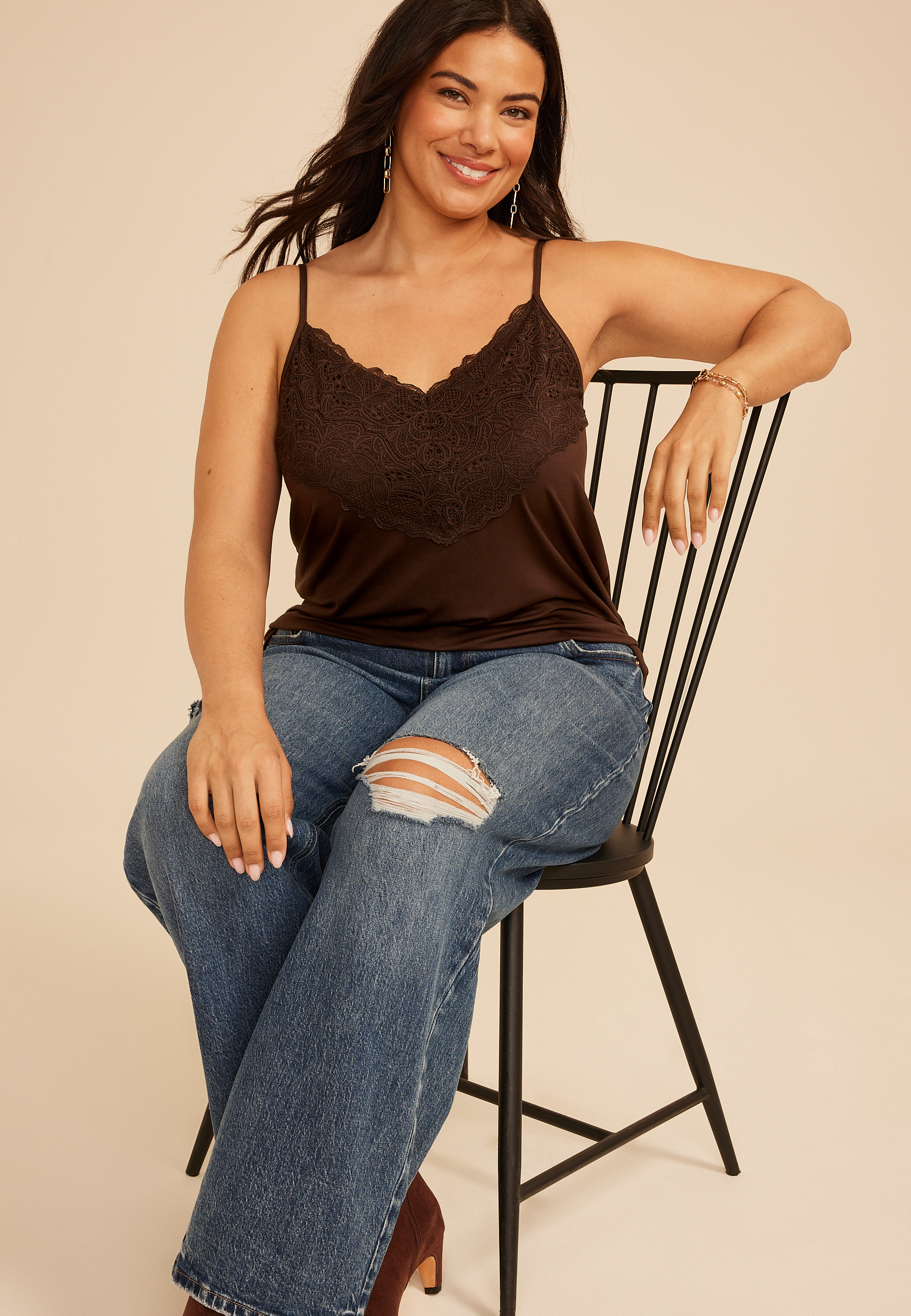 Plus Size Studio Y Lace Trim V Neck Cami, COFFEE BEAN, large