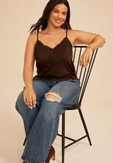Plus Size Studio Y Lace Trim V Neck Cami, COFFEE BEAN, small
