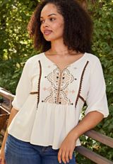 Embroidered Front Tie Peasant Short Sleeve Blouse, C596, small