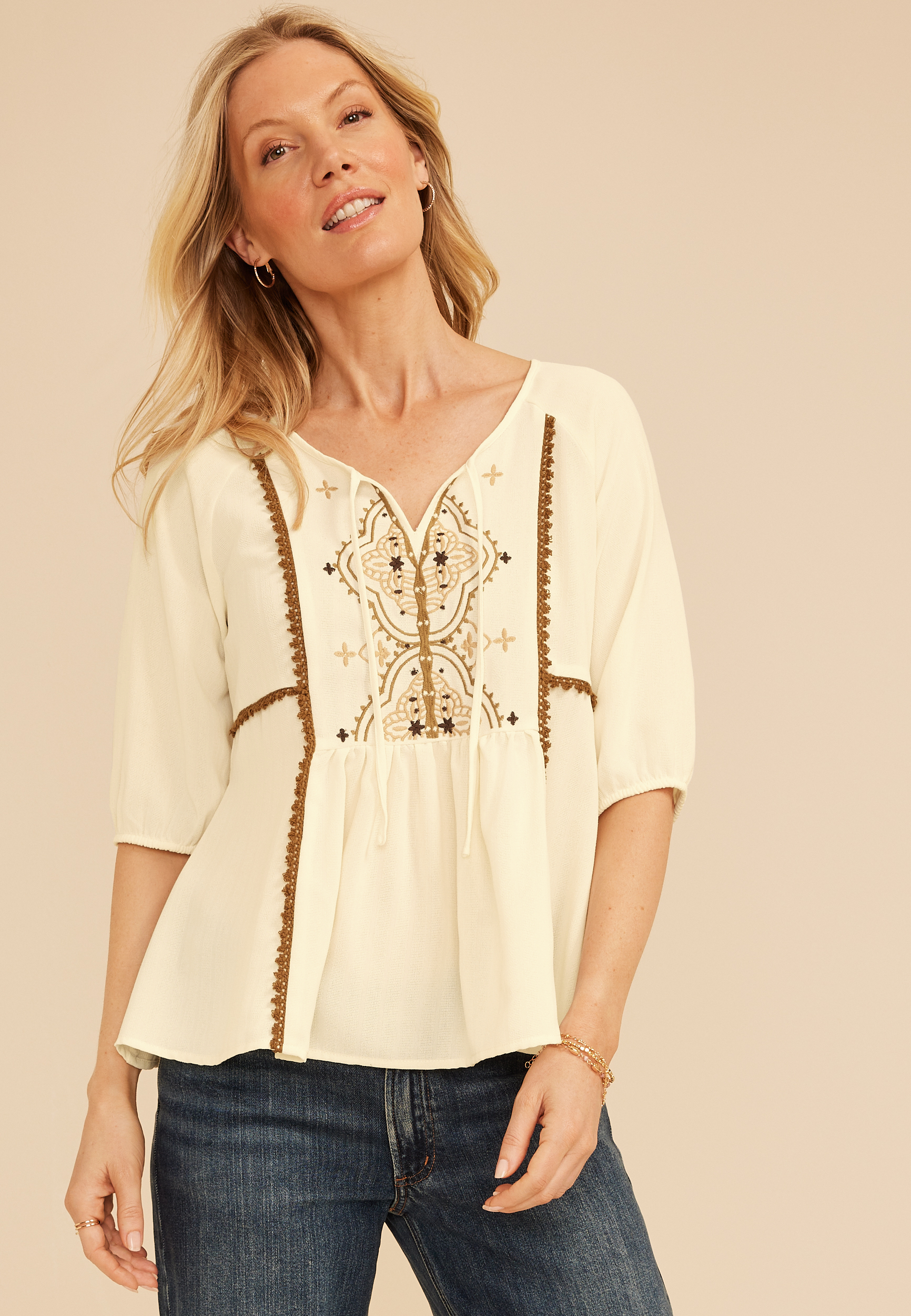 Embroidered Front Tie Peasant Short Sleeve Blouse, C596, large