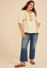 Plus Size Embroidered Front Tie Peasant Short Sleeve Blouse, C596, small