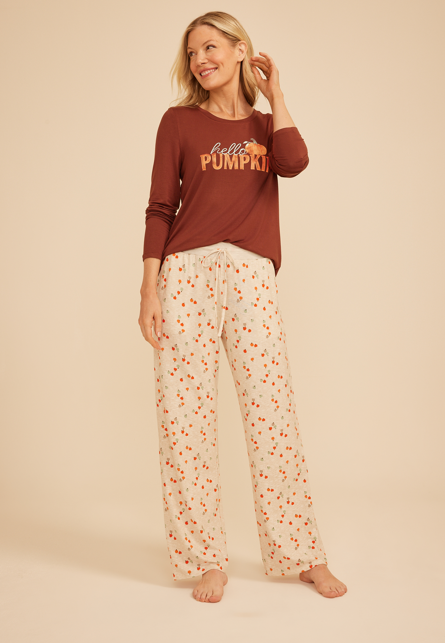 Hello Pumpkin Long Sleeve Top And Wide Leg Pajama Set
