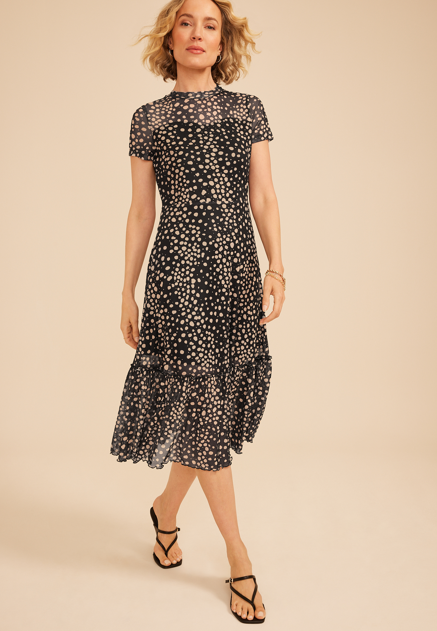 Printed Mesh Mock Neck Midi Dress, C1756, large