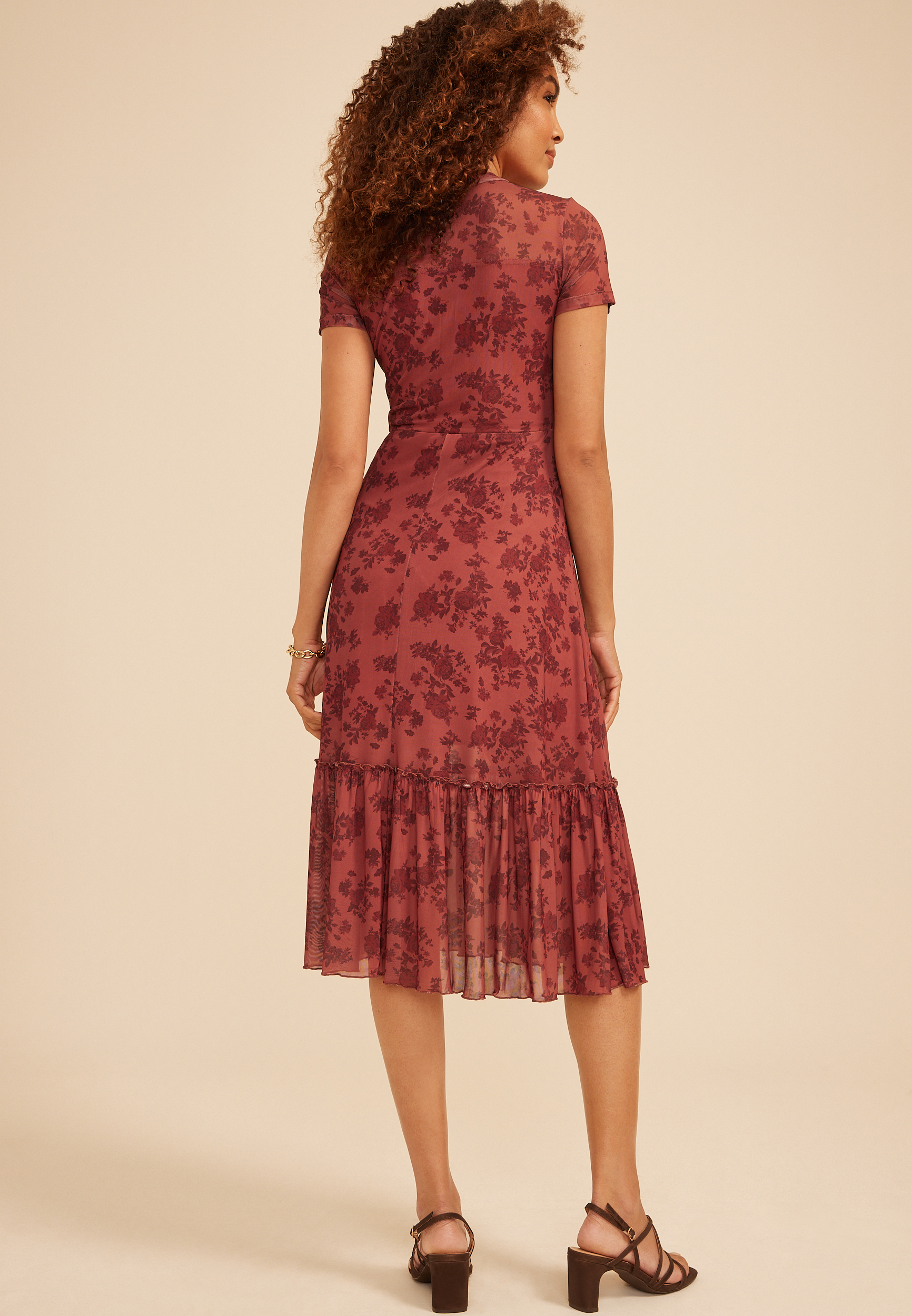 Printed Mesh Mock Neck Midi Dress, C5729, large