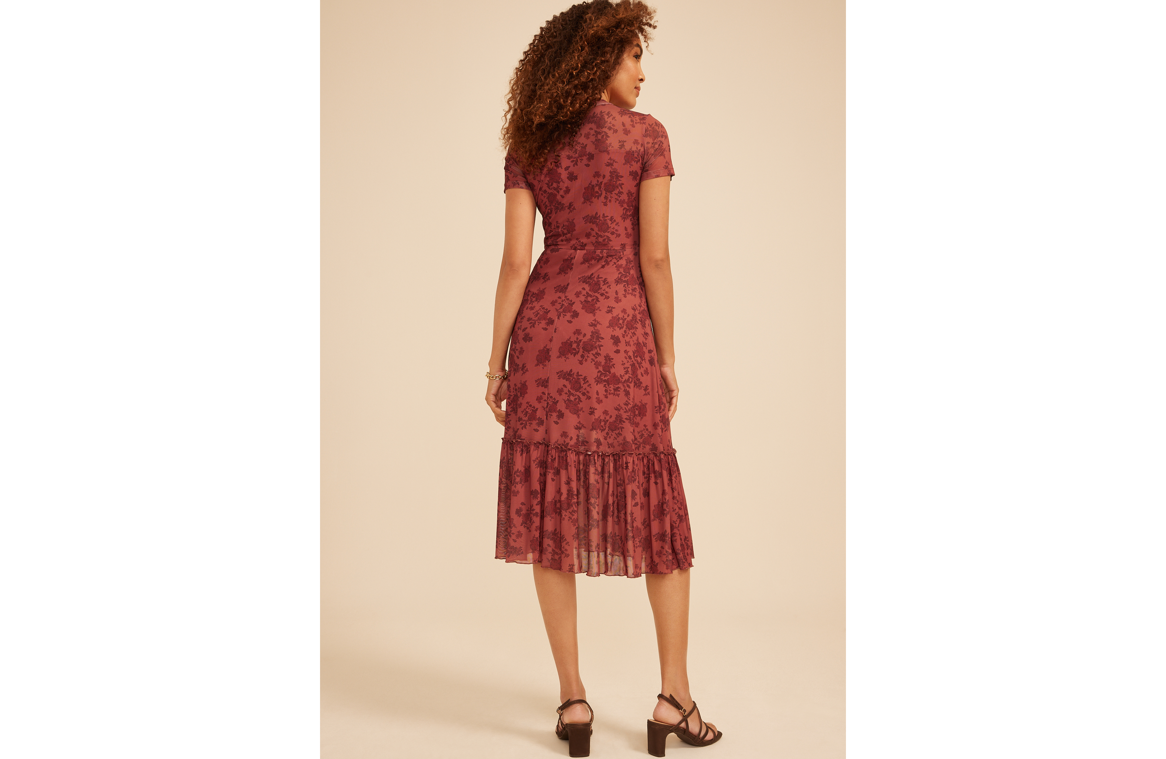 Printed Mesh Mock Neck Midi Dress