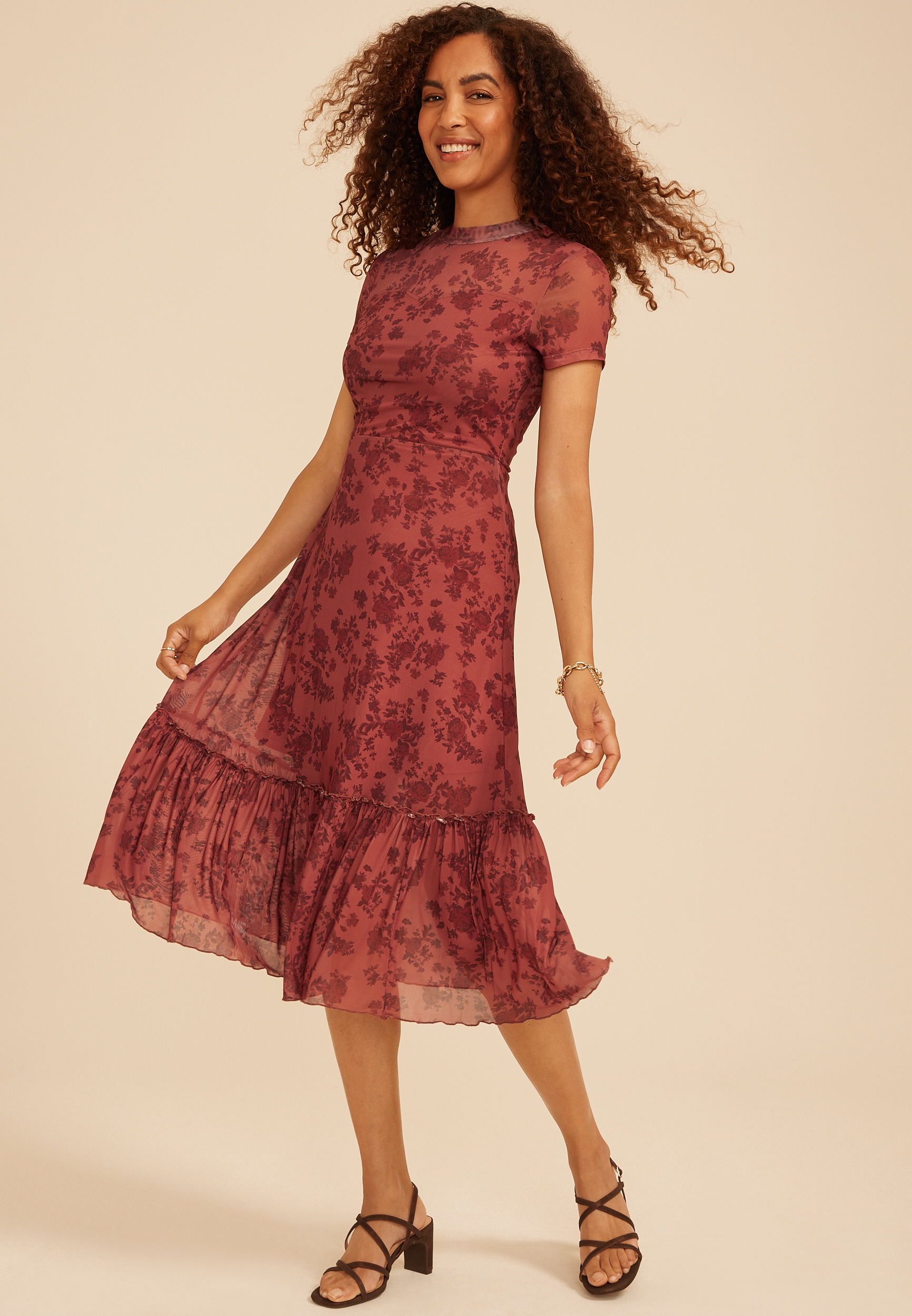 Printed Mesh Mock Neck Midi Dress, C5729, large