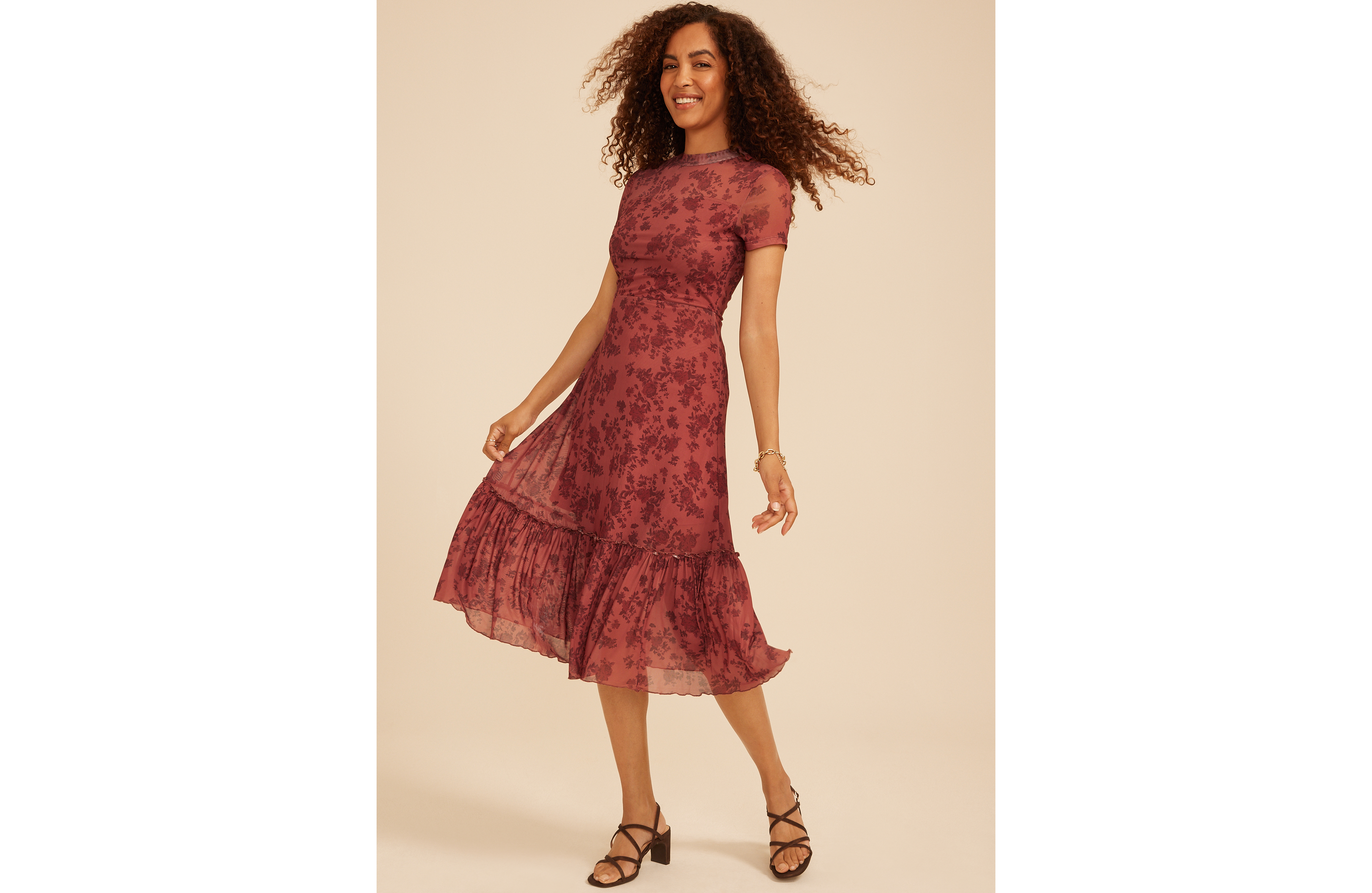 Printed Mesh Mock Neck Midi Dress