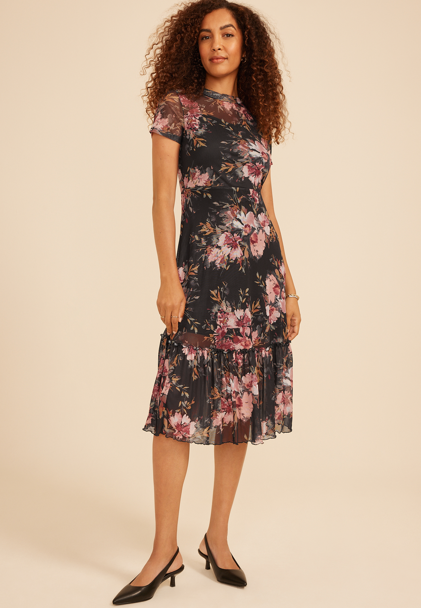 Printed Mesh Mock Neck Midi Dress