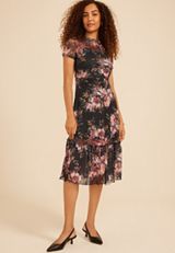 Printed Mesh Mock Neck Midi Dress, C6630, small