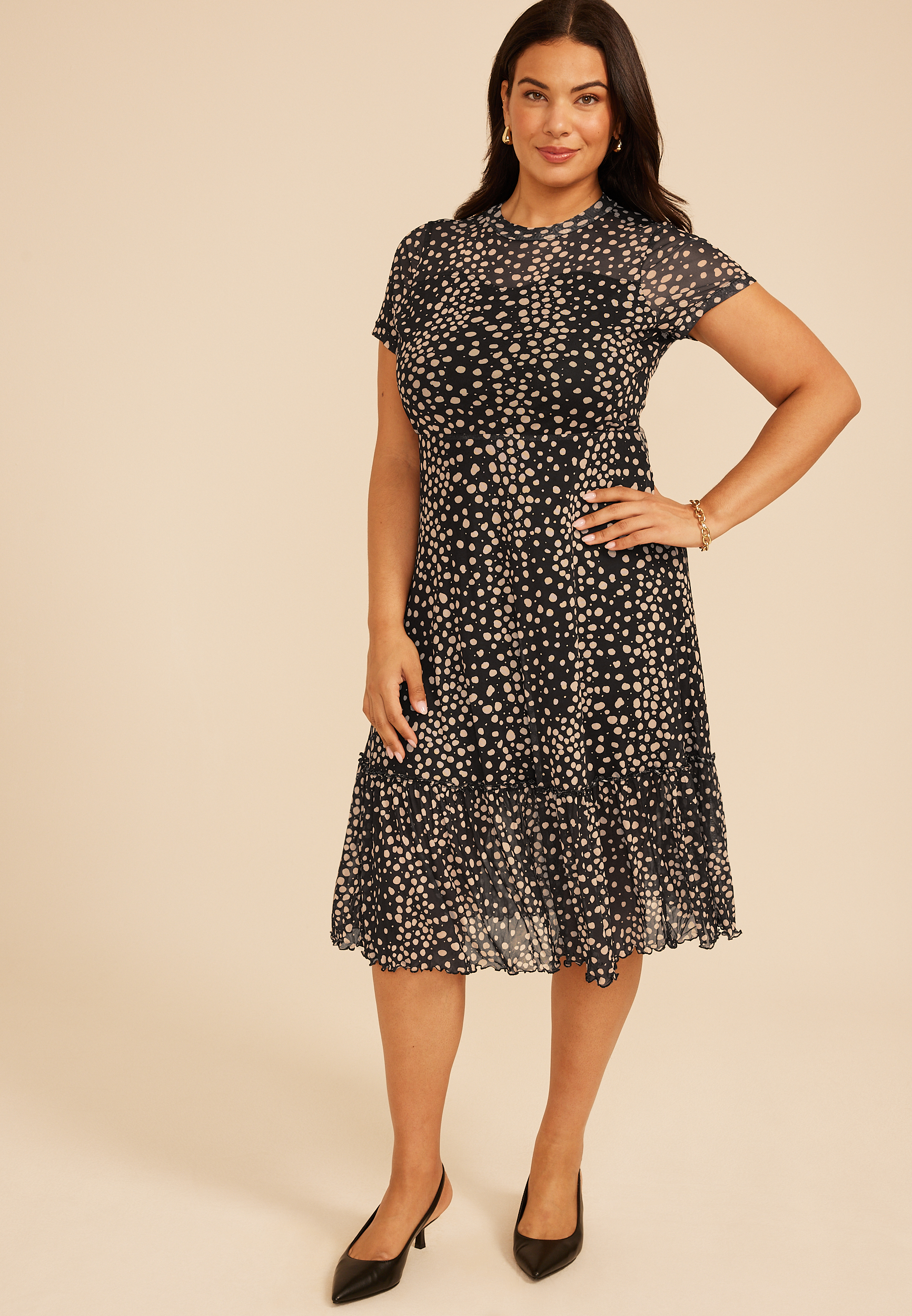 Plus Printed Mesh Mock Neck Midi Dress