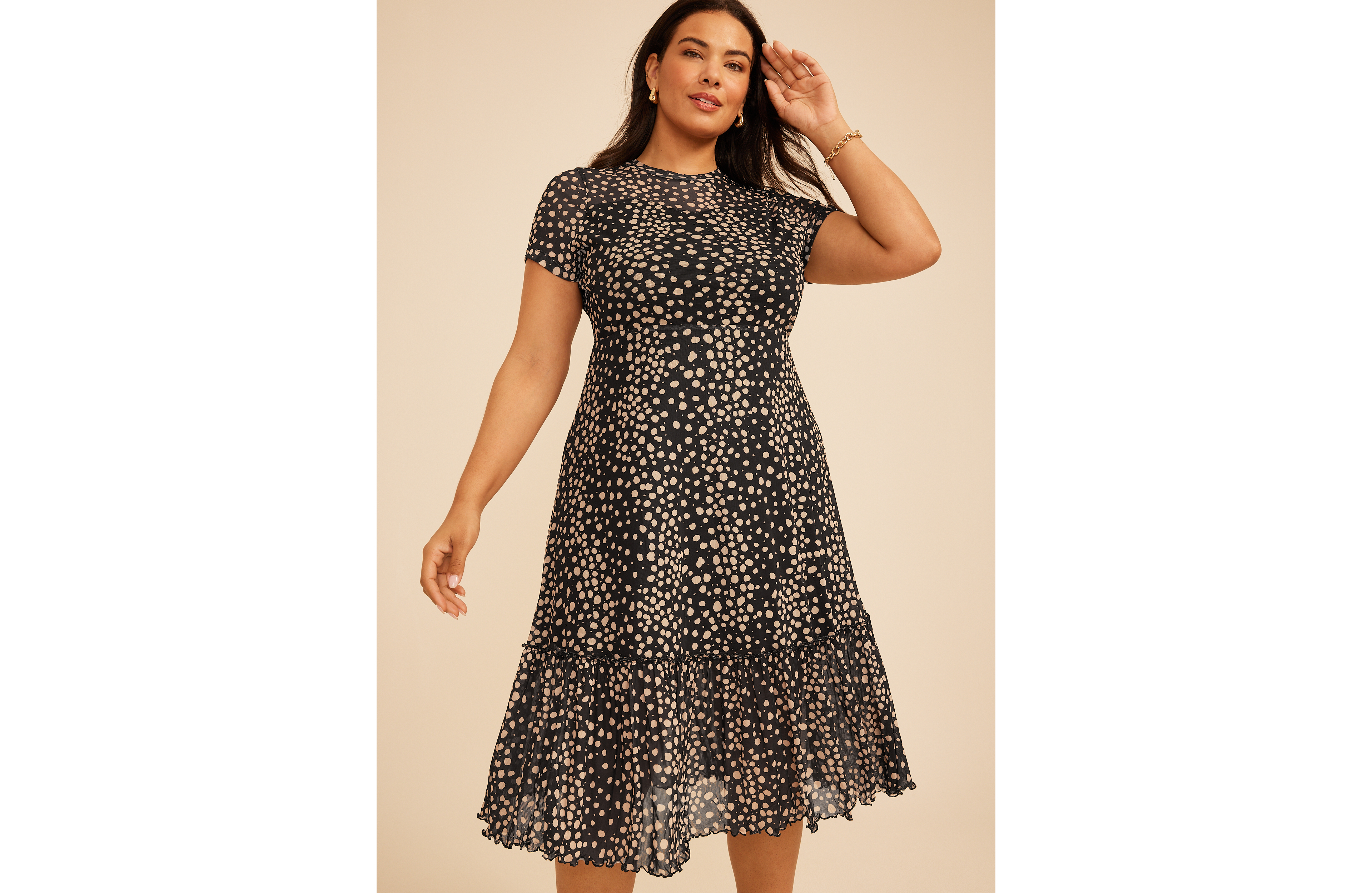 Plus Printed Mesh Mock Neck Midi Dress