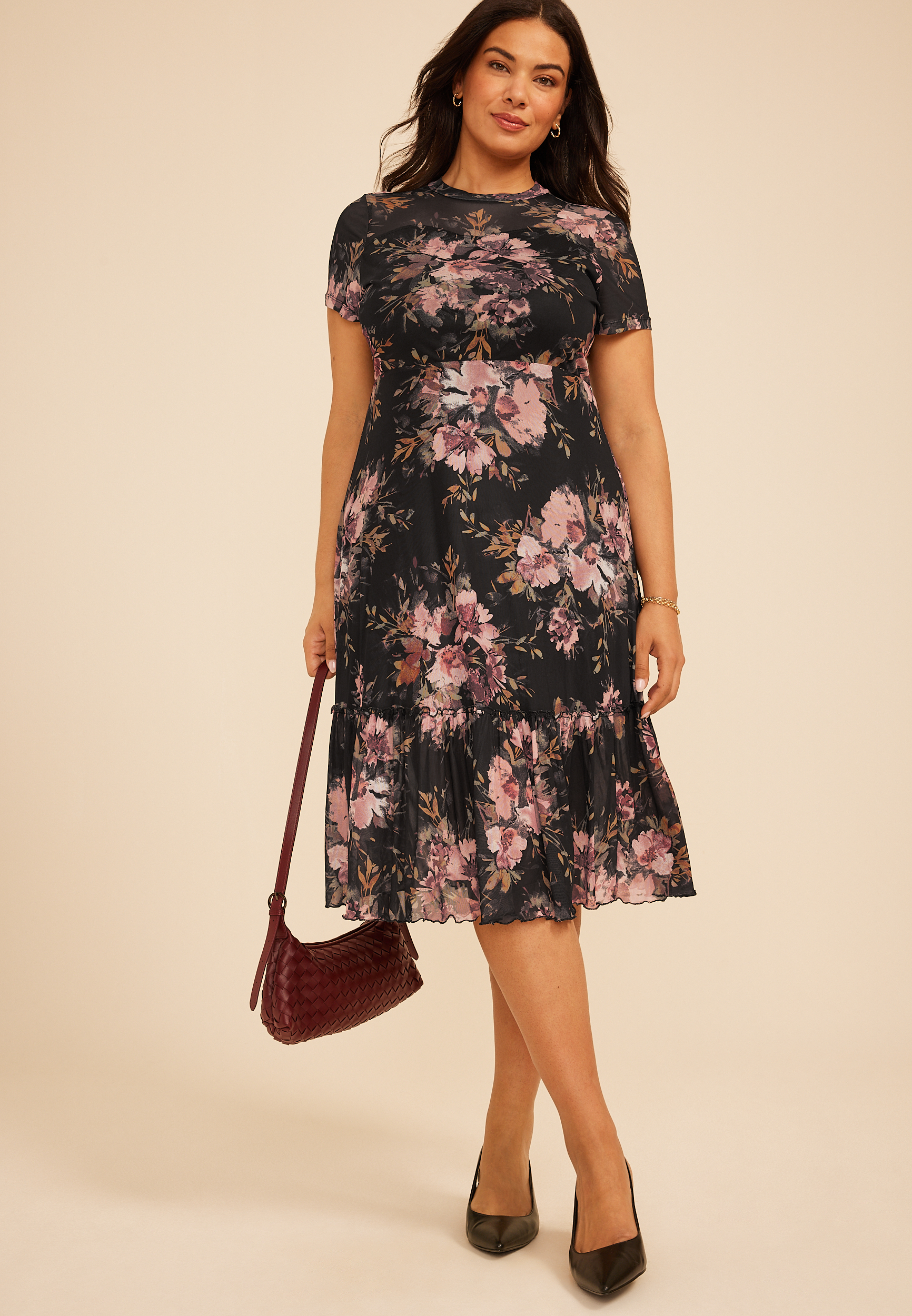 Plus Size Printed Mesh Mock Neck Midi Dress, C6630, large