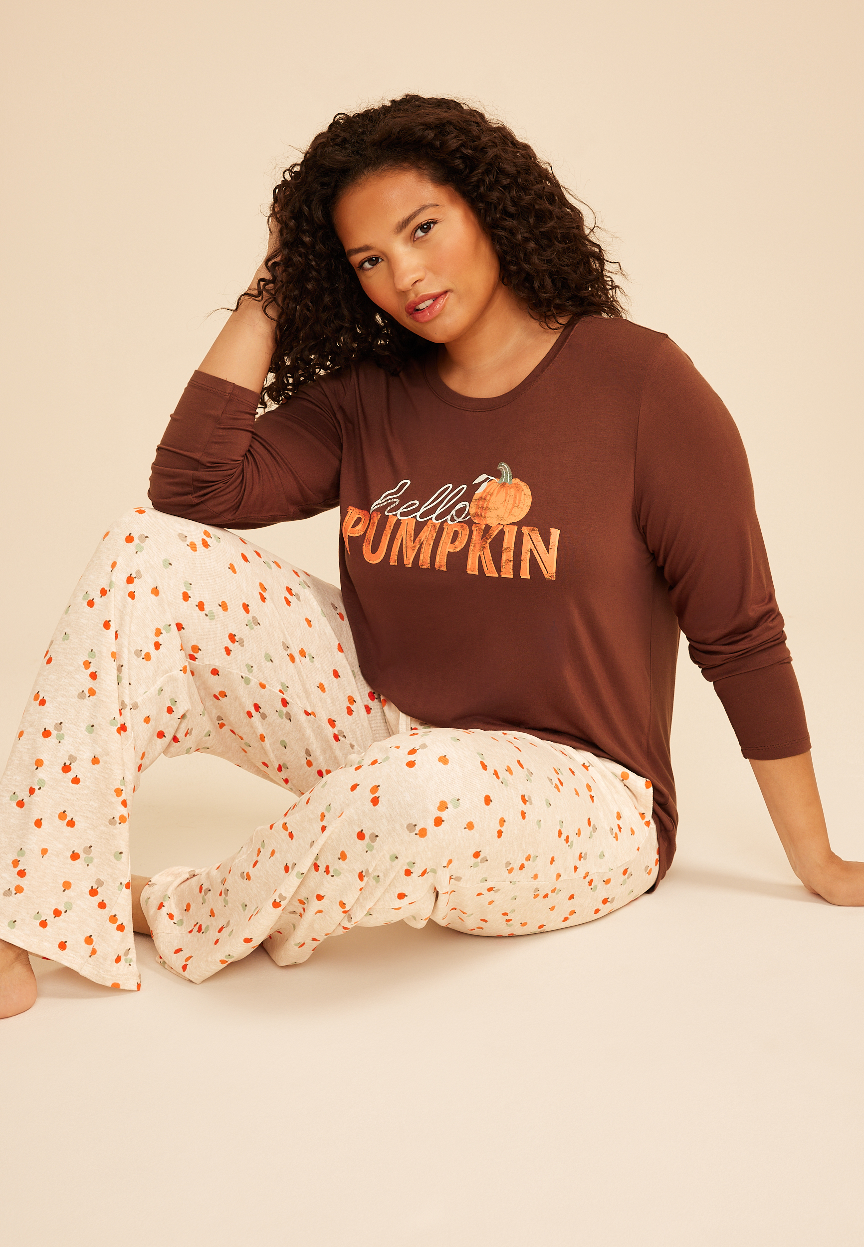 Plus Size Hello Pumpkin Long Sleeve Top And Wide Leg Pajama Set